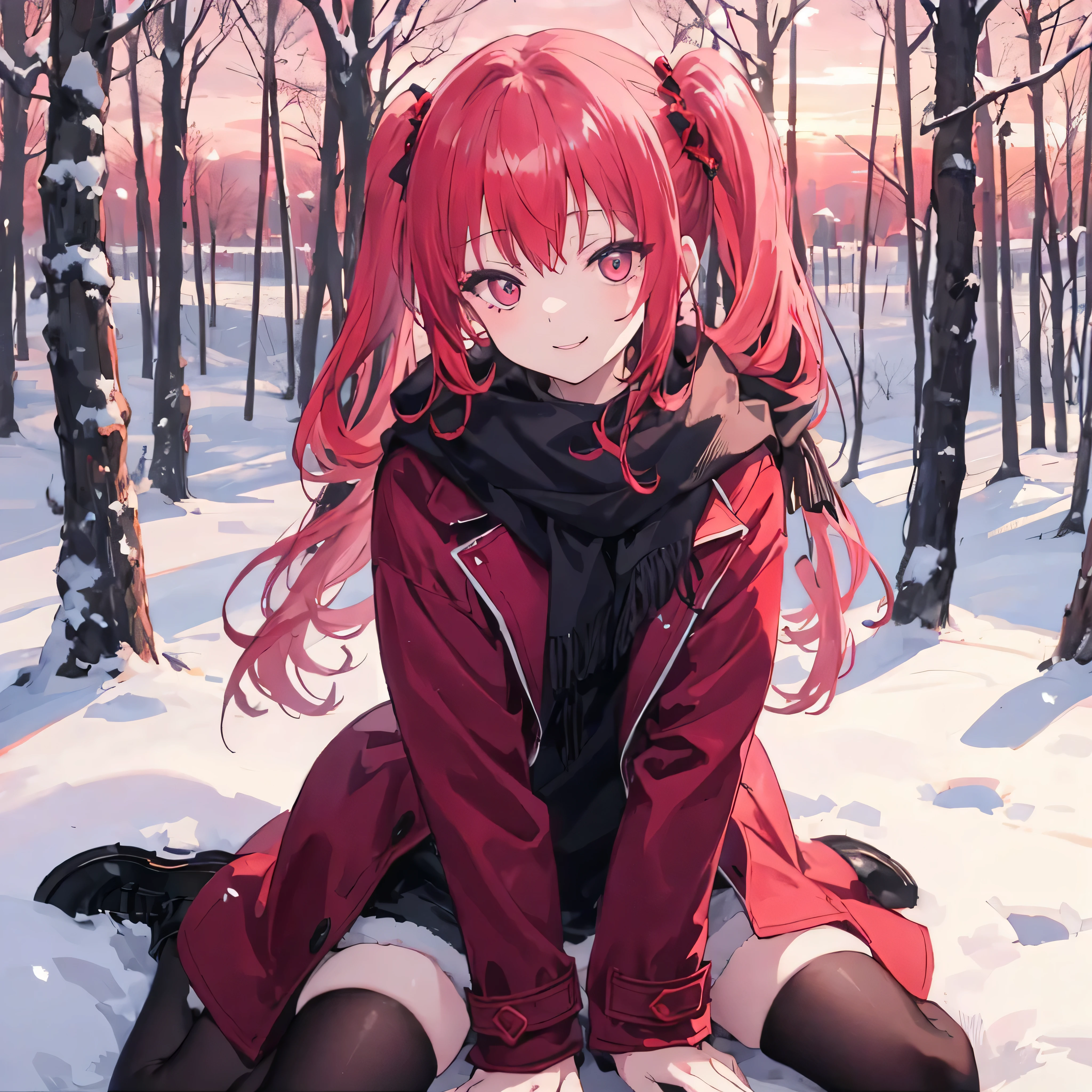  forest full of trees and vegetation 
Full of snow 
Schedule : Beautiful sunset

Beautiful Christmas with a cold temperature , 

 Satanichia McDowell sitting and dressed beautifully in a coat ,
 doing a nice pose

magenta eye color 

And red hair tied with 2 pigtails 

Lonely girl and beautiful smile 

detailed hands and arms