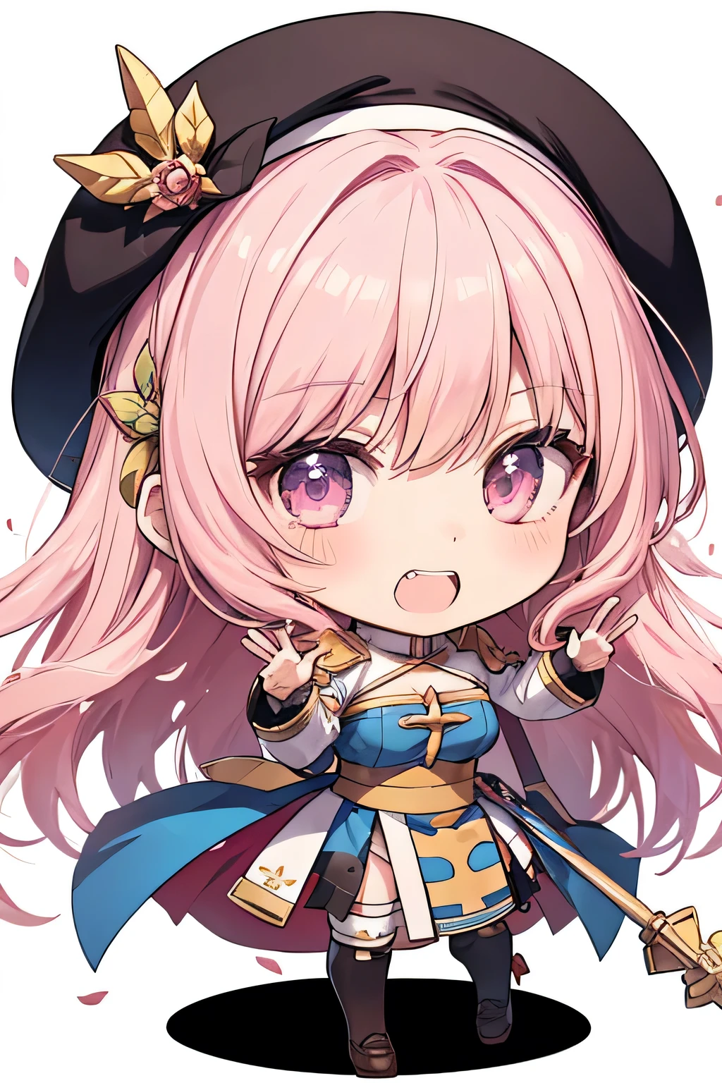 happy girl ( showing teeth), standing, combat pose,  pink hair color,  mmorpg background ,  mmorpg background (A stranger), complete anatomy,   graphic effects , ornament of a flower-shaped accessory on the head, aura, white beret, scepter, height 159 cm  ( 5 feet 3 inches ),  summoning circle, Castea ability Heal ( ragnarok online ), Blue Fire Force +vapor,  fire around, strong breeze ,  sakura petals and leaves, primera persona, blush,  looking at the spectator , Charm, Pausa de toque ciego  looking at the spectator ,  anime style very detailed face, 8K, light and shadow effect.  masterpiece,  The best quality , fullbody, Chibi, , (change:1.2), Nendoroide, PVC models 