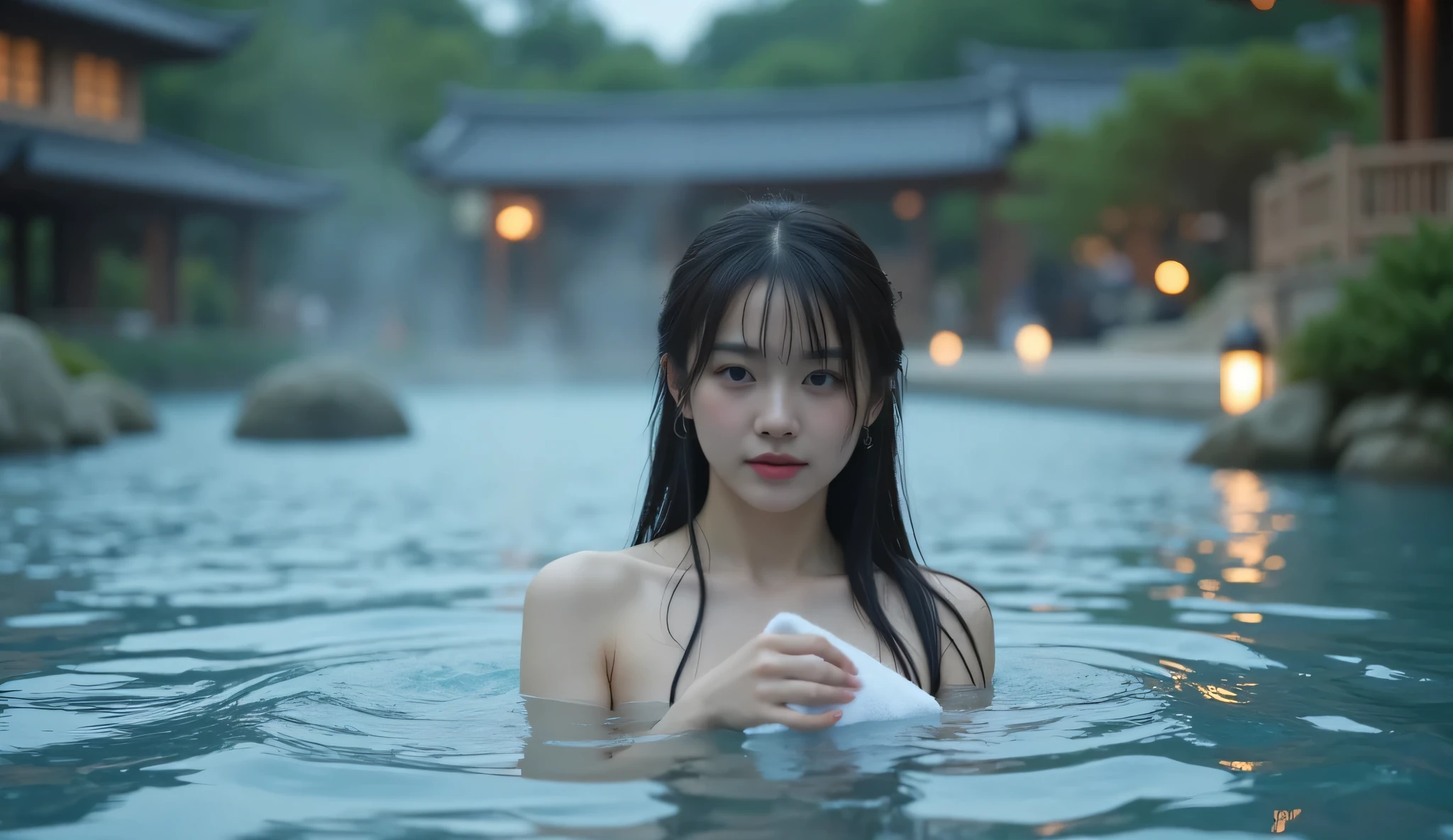 (  knight :1.7),  Oriental architecture , 1 female, ((hot spring, hot spring:1.4)), moist skin, ((fog:2.1)), ( steam rises :1.8),  growing skin , Glowing Skin, ((partially submerged in hot spring:1.4)), Holding a wet white towel close to the body,   slightly submerged in hot springs  . (towel:1.2) ,  perfect eyes,perfect face,（笑face：0.7）， official artwork， Highly Detailed CG Unity 8k Wallpaper、 bright _Front_face_illumination，（masterpiece:1.0），(Highest_quality :1.0),ultra  high definition ,4K, More Details, high definition  of,8k, NFFS W , high definition , absurd :1.2,Kodak portra 400, film grain , Lens Flare Glow,（beautiful_face:1.4），8k,Raw footage ,(  drawing a large outdoor bath  :1.4) ,( wet hair :1.3),((beautifully depicts depth and width:1.3)),((  The open-air bath is surrounded by a Japanese garden and large rocks,  with just 2 small lights .:1.3)), ((Smooth White Skin : 1.3)),