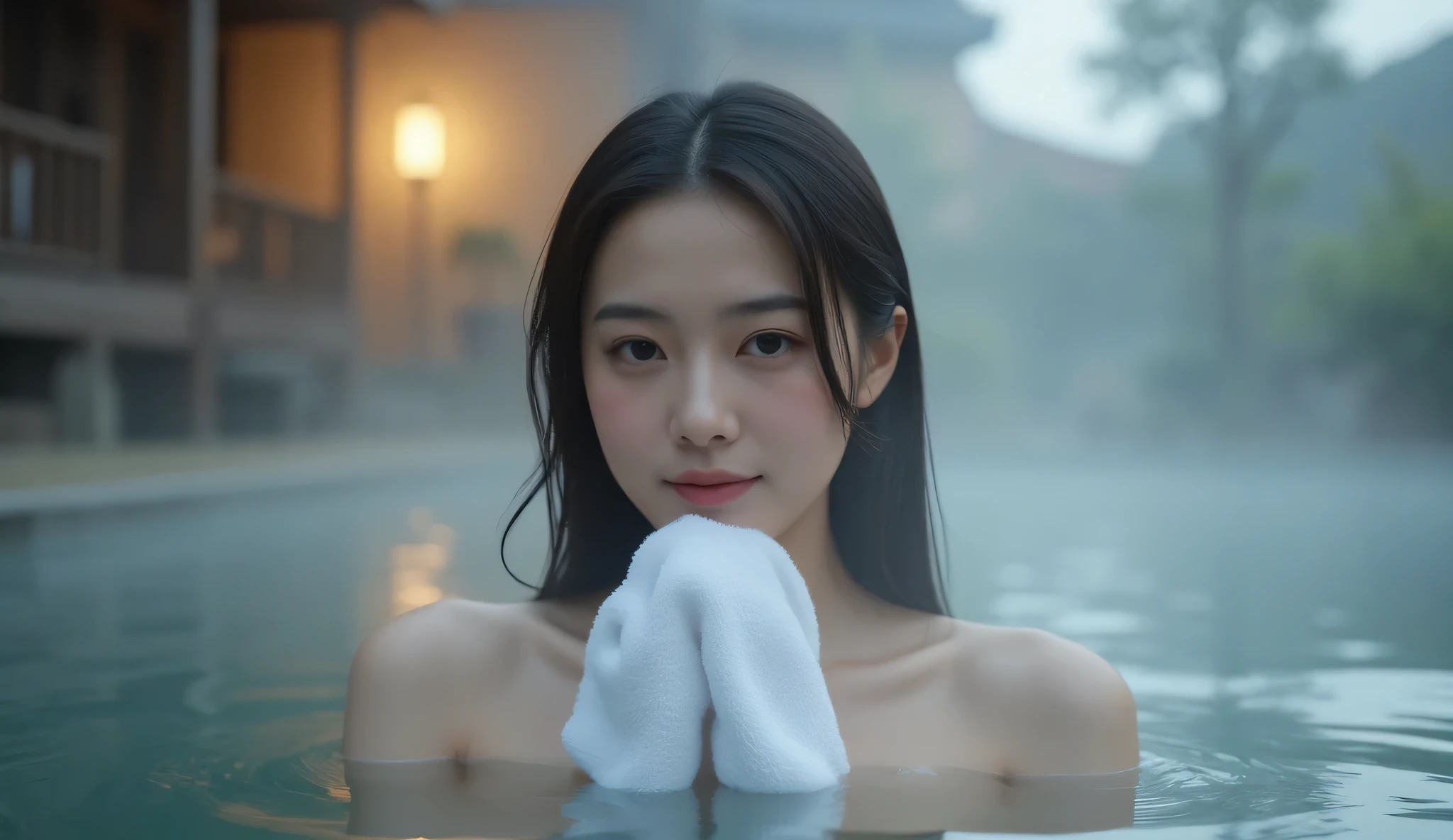 (  knight :1.7),  Oriental architecture , 1 female, ((hot spring, hot spring:1.4)), moist skin, ((fog:2.1)), ( steam rises :1.8),  growing skin , Glowing Skin, ((partially submerged in hot spring:1.4)), Holding a wet white towel close to the body,   slightly submerged in hot springs  . (towel:1.2) ,  perfect eyes,perfect face,（笑face：0.7）， official artwork， Highly Detailed CG Unity 8k Wallpaper、 bright _Front_face_illumination，（masterpiece:1.0），(Highest_quality :1.0),ultra  high definition ,4K, More Details, high definition  of,8k, NFFS W , high definition , absurd :1.2,Kodak portra 400, film grain , Lens Flare Glow,（beautiful_face:1.4），8k,Raw footage ,(  drawing a large outdoor bath  :1.4) ,( wet hair :1.3),((beautifully depicts depth and width:1.3)),((  The open-air bath is surrounded by a Japanese garden and large rocks,  with just 2 small lights .:1.3)), ((Smooth White Skin : 1.3)),