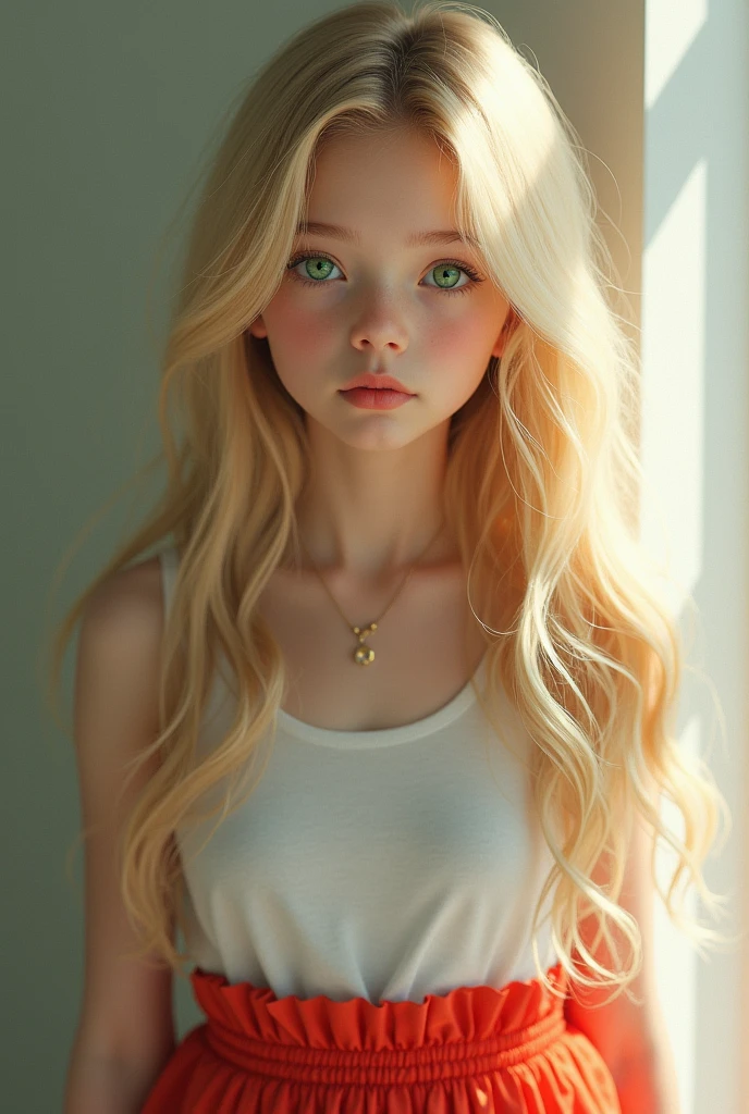 A pre teen girl with green eyes and blond silky long hair and girl is
