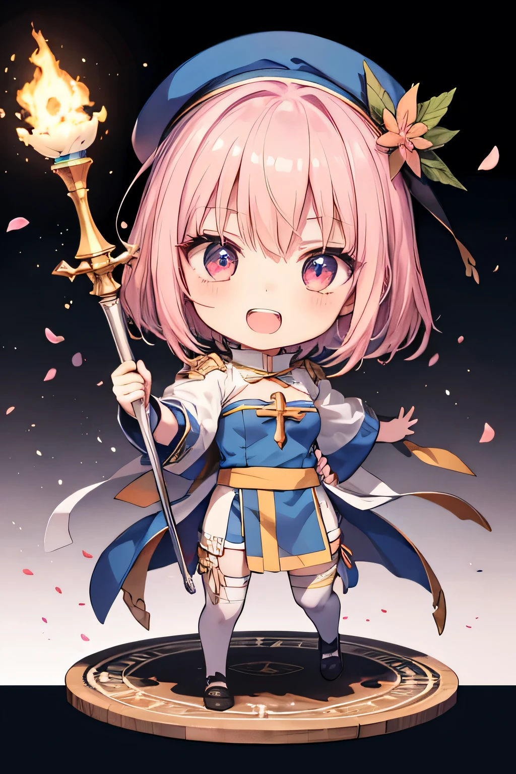 happy girl ( showing teeth), standing, combat pose,  pink hair color,  mmorpg background ,  mmorpg background (A stranger), complete anatomy,   graphic effects ,  ornament of a flower-shaped accessory on the head, aura, white beret, scepter, height 159 cm  ( 5 feet 3 inches ),  summoning circle, Castea ability Heal ( ragnarok online ), Blue Fire Force +vapor,  fire around, strong breeze ,  sakura petals and leaves, primera persona, blush,  looking at the spectator , Charm, Pausa de toque ciego  looking at the spectator ,  anime style very detailed face, 8K, light and shadow effect.  masterpiece,  The best quality , fullbody, Chibi, , (change:1.2), Nendoroide, PVC models 