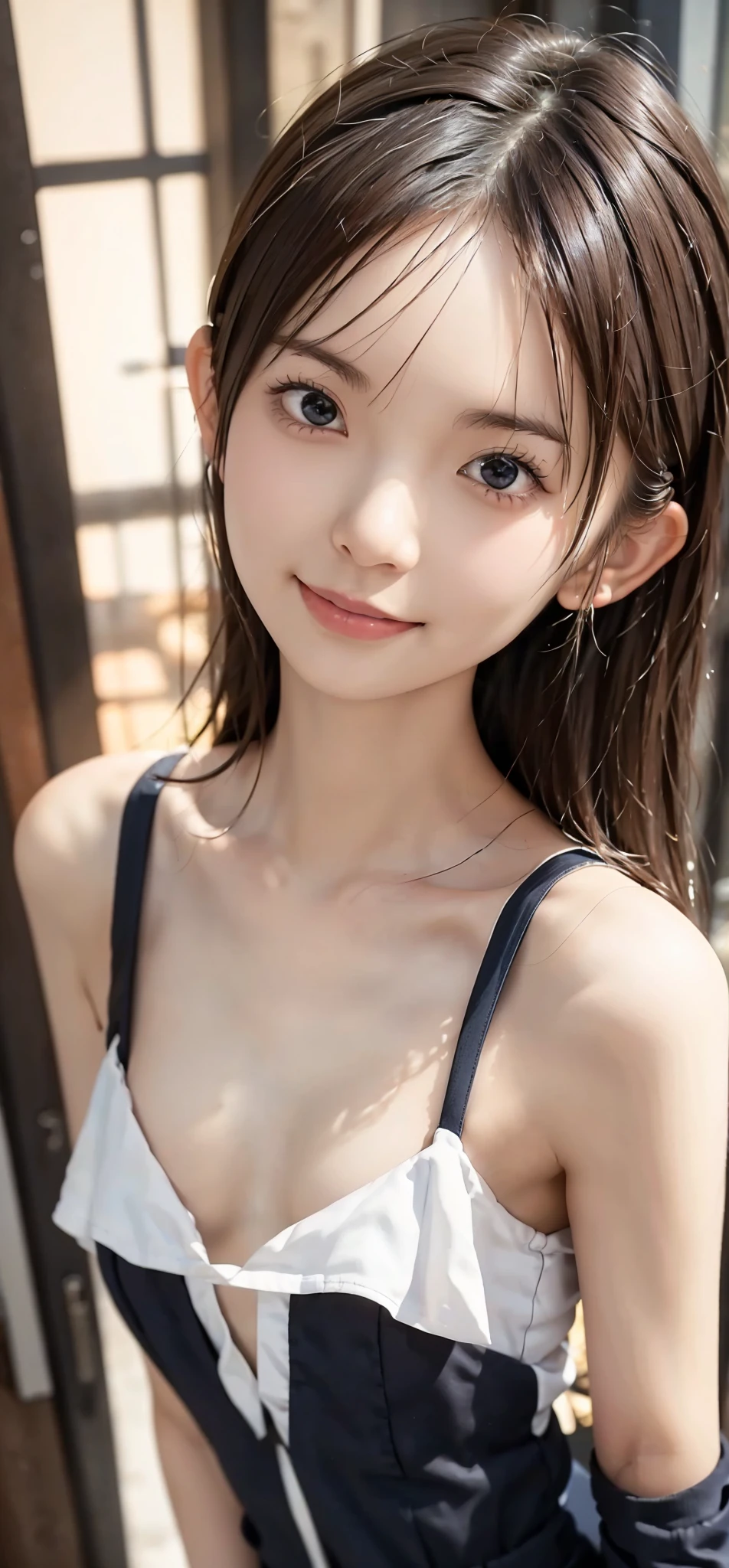 (8K、RAW Photos、Highest quality、masterpiece:1.2)、(Realistic、Realistic)、1 Girl、((naked、After sexual、shower、 Wet body、Wet Hair、Flat Chest、smile))、cute