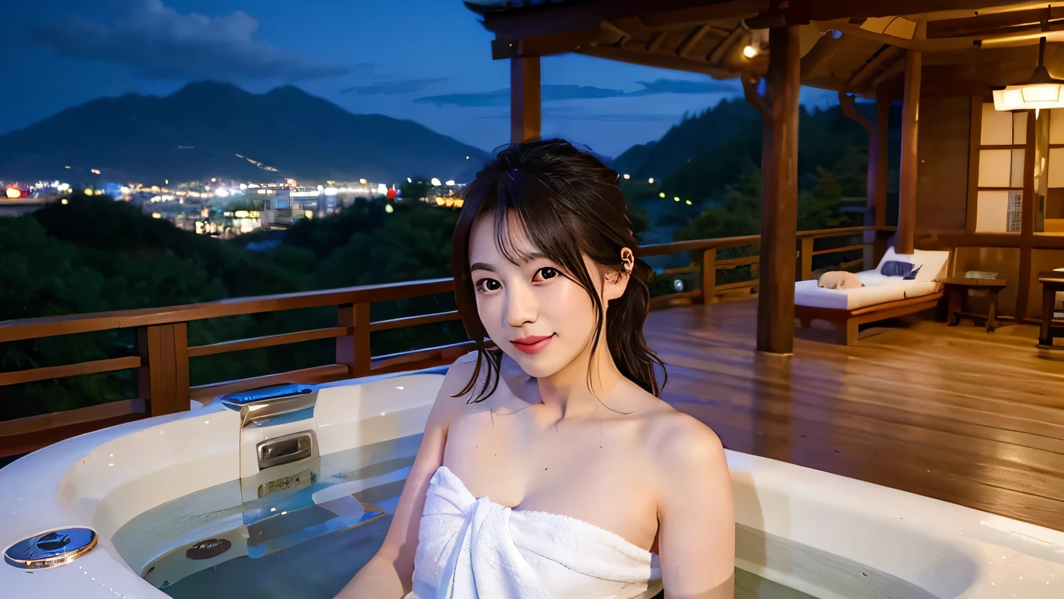 ( highest quality、8k、masterpiece: 1.1 )、( Night background、Snowy Japanese open-air bath and Japanese garden : 1.2 )、There are stars in the night sky、It depicts glowing skin on a wet night.。、Detailed smile and skin texture、Crystal clear white skin : 、fine eyes、double eyelid、非常に完璧な体型の美しいwoman: 1、medium long brown hair、Loosely tied hair、full body shot。panoramic : 1.3、( Focus distance 35mm )、Wear a bath towel on your bare skin :1.2。view from high place、( woman1people : 1.3 )