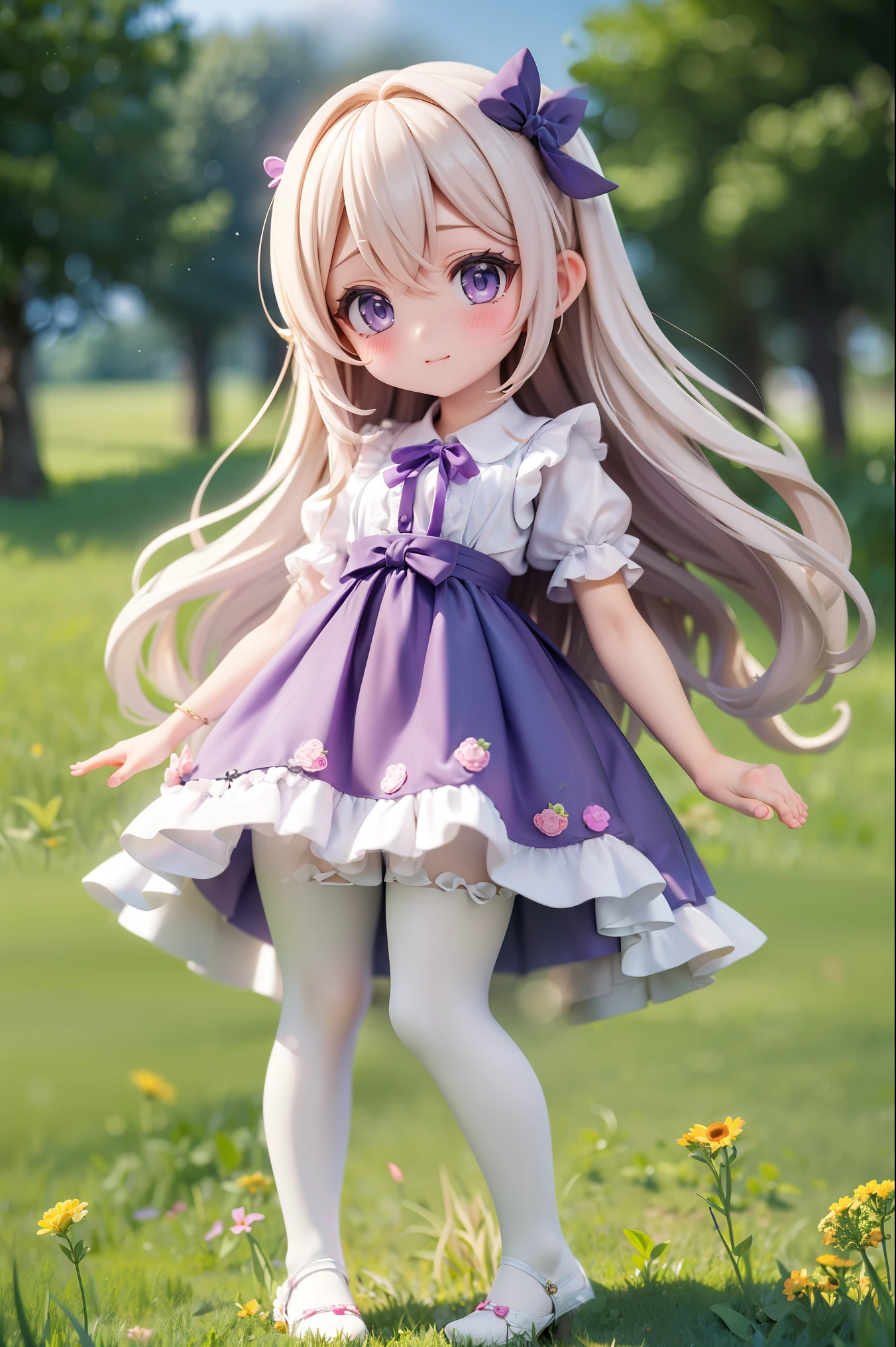 1 girl wearing white pantyhose、Long hair、Purple Eyes、beautiful eyes、(Full, large)、Idol Clothing、Ribbons on clothes、((Wrinkles))、(pastel dress)、Short sleeve、Puffy sleeves、(Idol)、Beautiful Feet、Standing photo、Standing、field background、(High resolution of the highest quality)、(Best quality:1.2))
