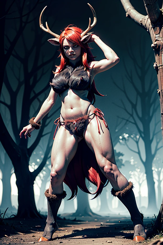 Under the enchanting full moon, Little Red Riding Hood, once an innocent girl, undergoes a captivating transformation into a werewolf, the result of a fateful bite. The moonlight illuminates her back as she kneels amidst the shadowy forest, her classic red hooded cloak and basket forgotten in the distance. From a rear-facing perspective, the camera captures the eroticism of her metamorphosis. Her once-smooth back is now covered in dark and light gray fur, a mix of hues that extends down her spine and accentuates the powerful muscles of her shoulders and arms. The hood of her cloak has fallen back, revealing the transformation of her hair into a thick, luxurious mane, a mix of dark and light strands with hints of red where the moon's rays touch. The sleeves of her cloak hang in tattered remains, exposing her muscular arms and the beginnings of clawed paws, the sharp claws extended and glistening in the moonlight. The once-fitted bodice of her dress has ripped open, unable to contain the explosive growth of her breasts, now swollen and straining against the tone fabric, pushing it outward. Little Red Riding Hood's senses heighten, and her wolfish features emerge. Her ears, now elongated, twitch and rotate, picking up the subtle forest sounds. Her nose has lengthened into a wolf's snout, the nostrils flaring as she draws in the rich, earthy scents of the forest. The fur continues down her back, blending seamlessly with the lush curves of her werewolf form, accentuating the swell of her hips and the fullness of her thighs. A thick, bushy wolf tail swishes behind her, a symbol of her primal nature and heightened agility. It contrasts against the shredded remains of her stockings, which hang limply around her hooved feet. The cloak, tattered and shredded, exposes her back and shoulders, the fur continuing down her spine and highlighting the powerful musculature of her werewolf form. Her face, once innocent and delicate, has transformed into a mask of feral beauty. He