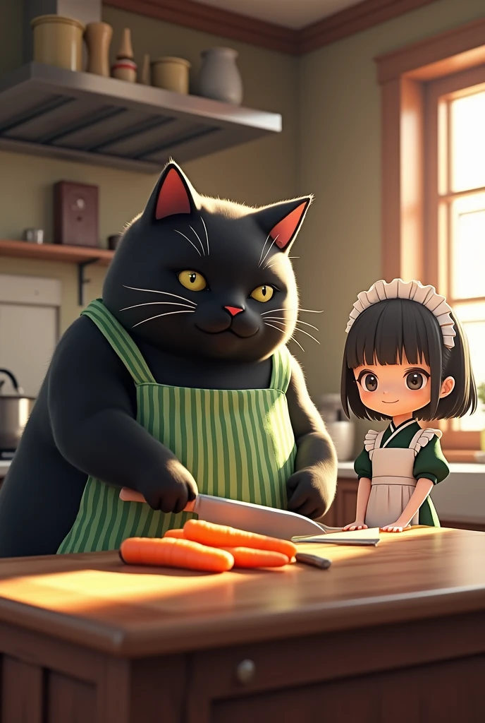 ultra-realistic, photorealistic, dramatic scene, shadow, global-illumination, perfect anatomy, cute chibi-anime characters, there are cute maid Japanese girl and human-like-cat, in the antique room, (the giant chubby black cat is wearing a vertical striped green apron:1.2), (the cat is cutting carrots on the cutting board with knife at the home kitchen), antique furnishings, many kind of cooking tools, professional stove, the girl is looking at the cat from behind the cat, the cat is standing, gentle sunlight, professional lighting, (Detailed giant black cat:1.3), the Japanese beautiful girl is looking at the cat with happy smile, the Japanese girl wearing a cute colored maid outfit,