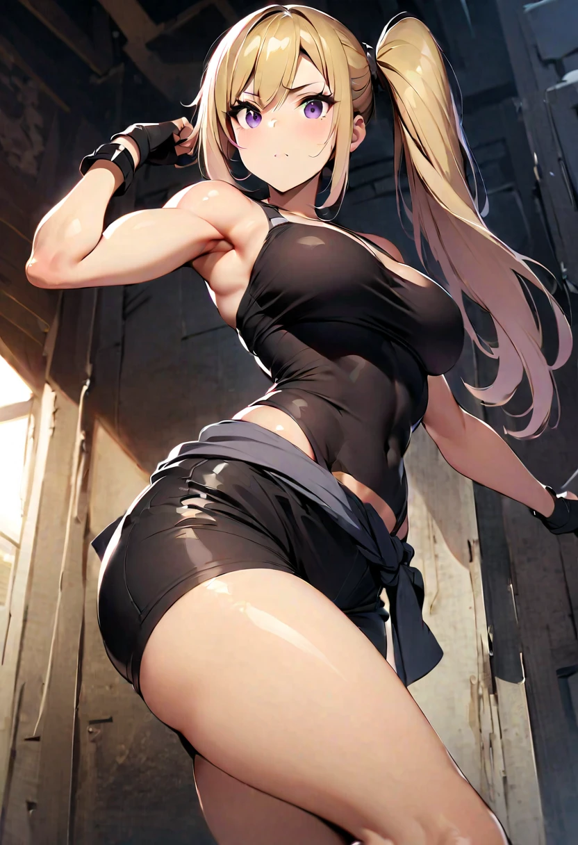 (The highest image quality, master piece:1.2), (Ultra Definition Illustration), BREAK, Saber Alter Artoria Pendragon (1 girl:1.2), BREAK, Solo, (impassive emotionless expression, cold:1.3), Full body, Round baby face, (Blonde hair in a bun:1.2), (very pale skin), BREAK, (wearing ripped clothes styled like Fate Grand Order Shinjuku outfit: sleeveless loose fitting short black crop top, exposed midriff), (underboob), (bare thighs), (black daisy dukes), (bare shoulders, bare arms), BREAK, in ((Shinjuku at night)), camera shot from below, (in the rain, stormy night)