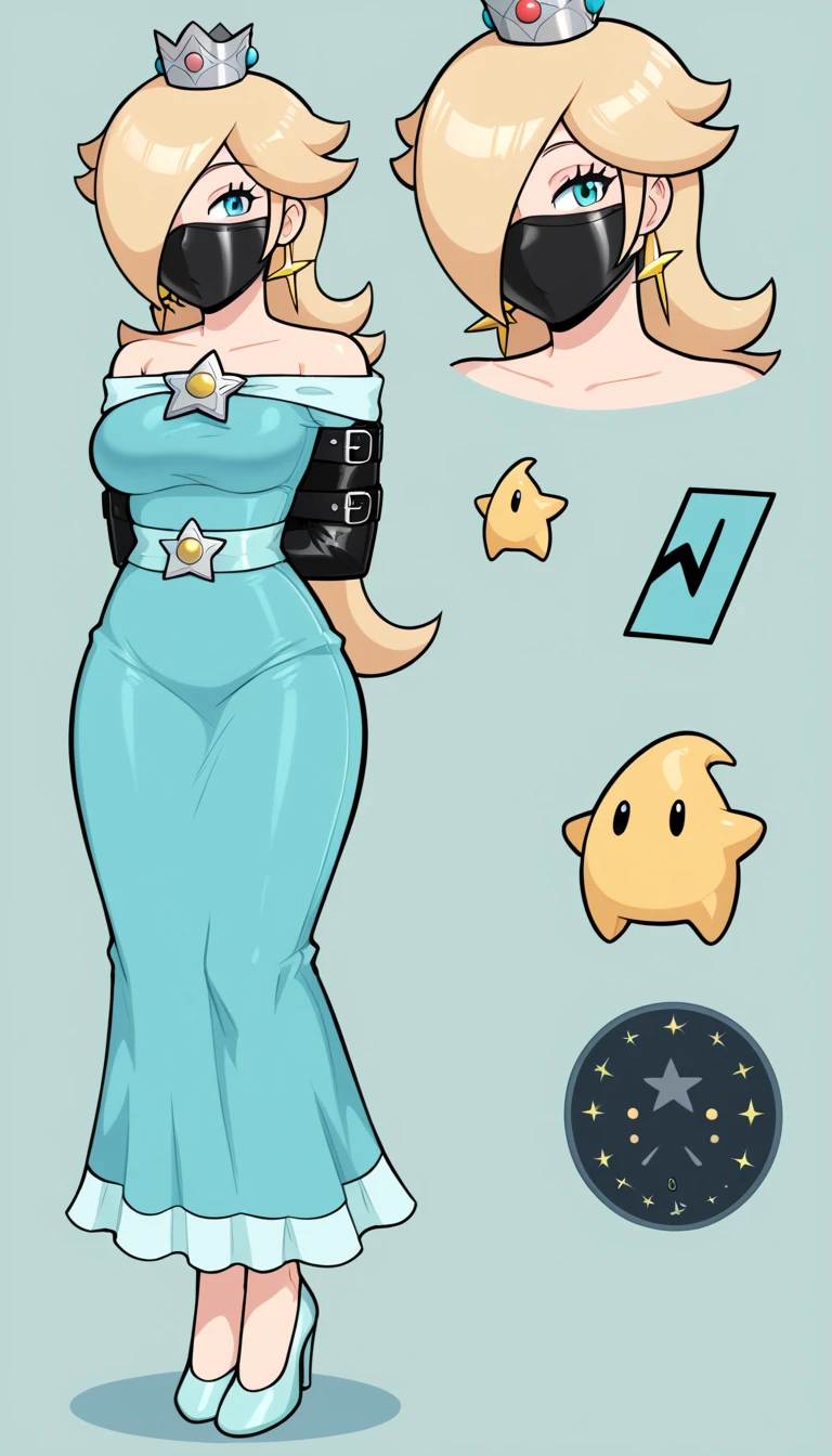 score_9, score_8_up, score_7_up, 1 girl,  rosalina from súper mario lore, (rosalina dress outfit), flirt, gaze, sexy look, half-closed eyes, (full bodies in view), perfect proportions, simple background. standing,  belt bondage, bound arms, arms behind back, tight mask, black mask, (armbinder: 1.4), ((charactersheet, reference sheet, multiple views)), ((character design sheet, same character, front, side, back)), (leather mask), complete body .