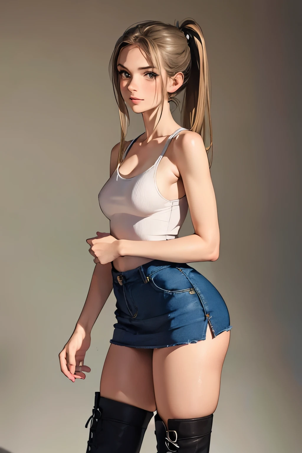 Masterpiece, photo realistic hyper details, simple style, upsize knit tanktop, detailed fabric fiber, (medium breast:1.3), erect nipple, wavy hair, shoulder-length hair, ponytails, skirt, straight face, blushing, holding guitar, wear a boots