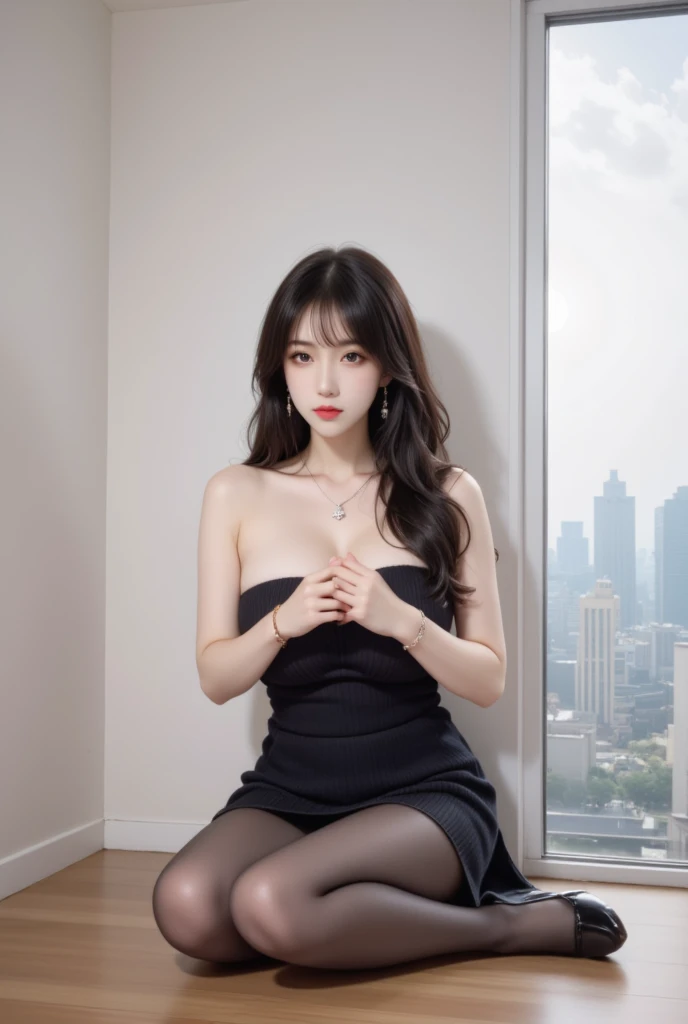 1girl, jewelry, dress, black hair, solo, sitting, crossed legs, black dress, necklace, bare shoulders, earrings, pantyhose, high heels, bracelet, strapless, strapless dress, breasts, collarbone, black footwear, looking at viewer, indoors, long hair, anklet, closed mouth, red lips, own hands together, water