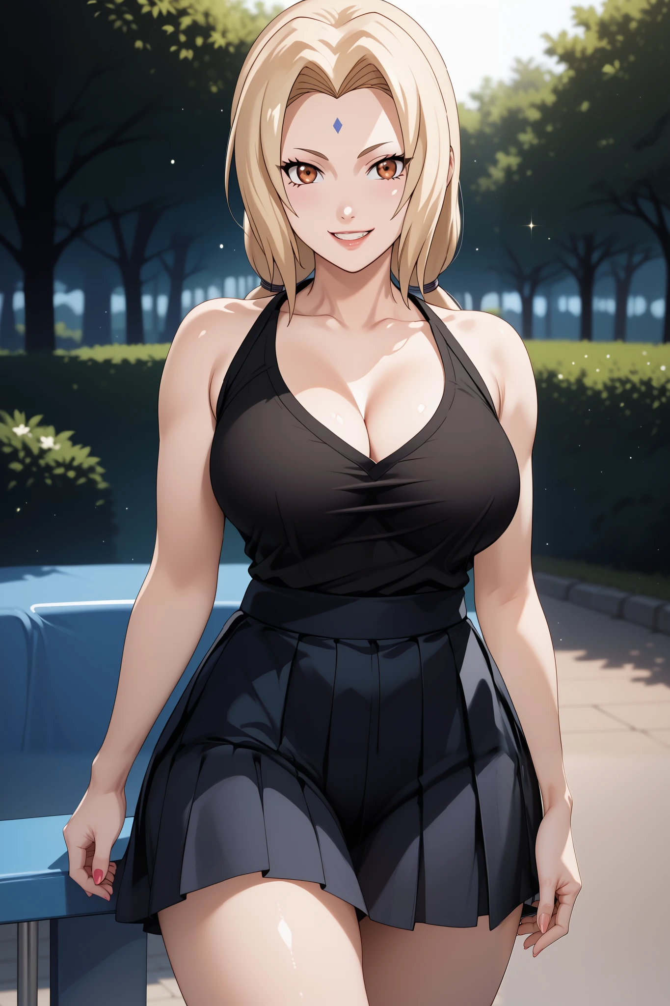 best quality, masterpiece, highres, 1girl,tsunade,((fullbody)),stand up,perfect slim body,smile,large breasts,sexy legs,black tshirt,span slimfit skirt,looking at viewers,front look,(high detailed skin:1.2), 8k uhd, dslr, soft lighting, high quality, Photograph, high resolution, 4k, 8k, Bokeh, plain white background