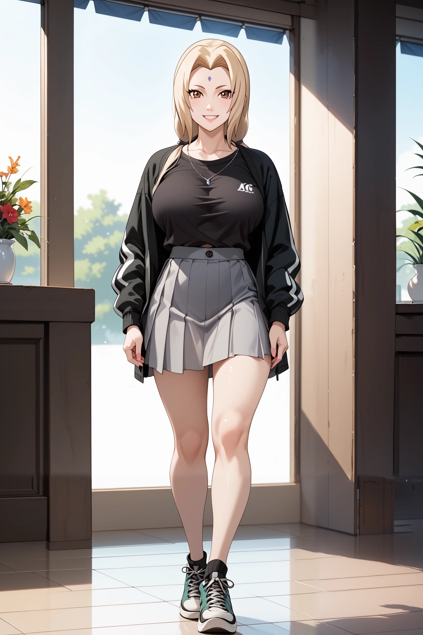 best quality, masterpiece, highres, 1girl,tsunade,((fullbody)),stand up,perfect slim body,smile,large breasts,sexy legs,black tshirt,span slimfit skirt,looking at viewers,front look,(high detailed skin:1.2), 8k uhd, dslr, soft lighting, high quality, Photograph, high resolution, 4k, 8k, Bokeh, plain white background