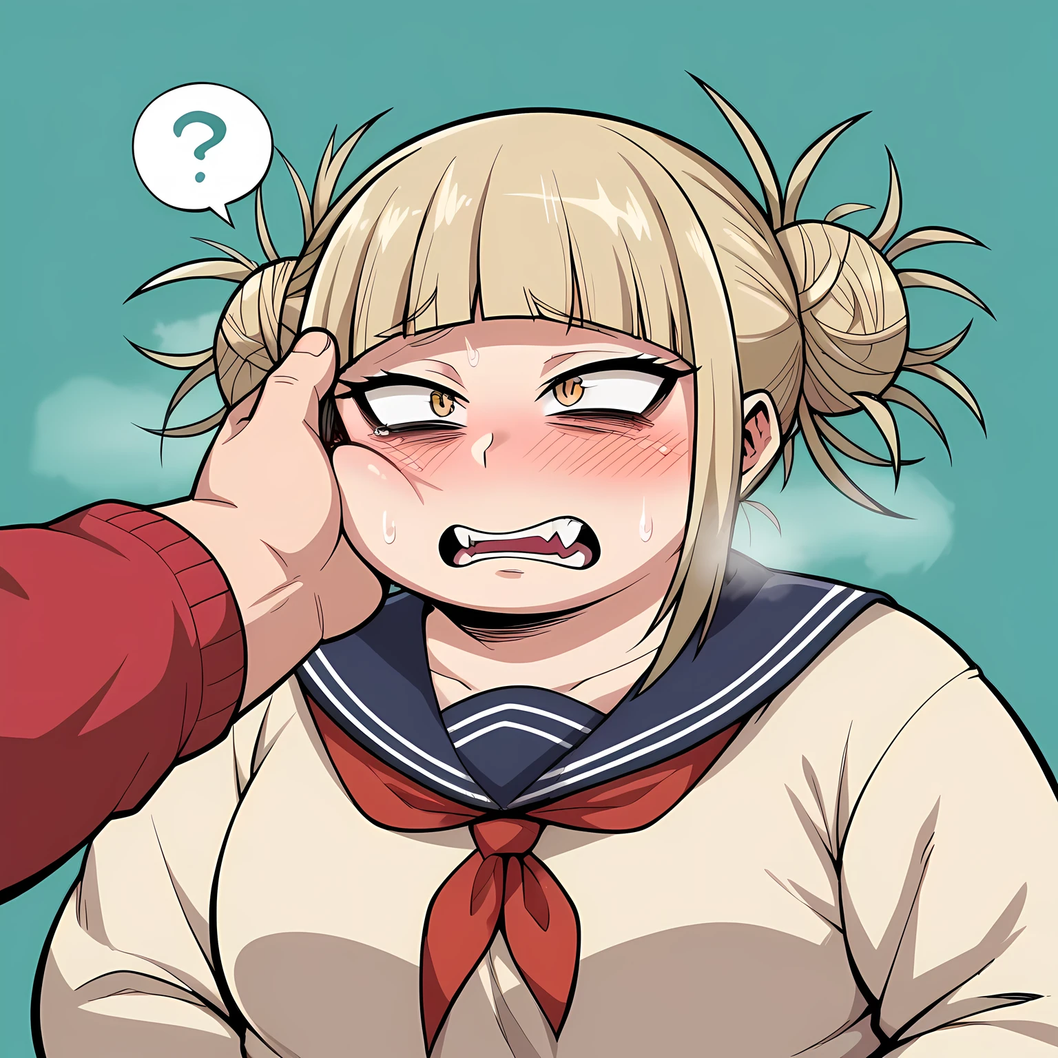 Himiko toga from my hero academia, cartoon screencap, masterpiece, Standing, swollen face, fat, chubby, obese, open mouth, out of breath, absurdres, highres icon, rating:General, confused, blush, {flustered}, nervous sweating, portrait, pov hands, hand on another's cheek, averting eyes, [looking away], straight-on, from above,  upper body, masterpiece, best quality, ultra-detailed, high resolution, 8K, 
