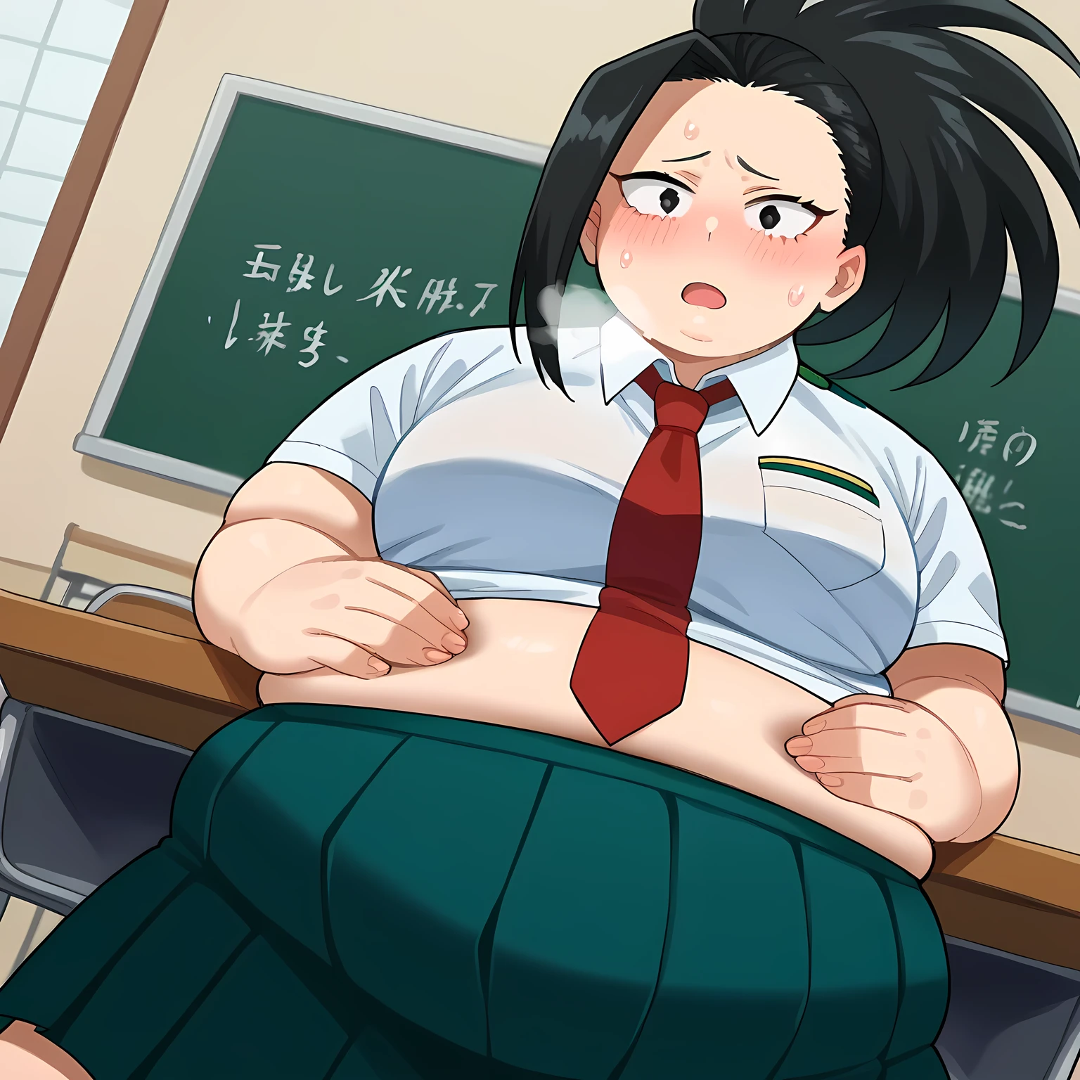 score_9, score_8_up, score_7_up, source_anime,
yaoyorozumomo, yaoyorozu momo, long hair, bangs, black hair, ponytail, black eyes, high ponytail, wide ponytail,
skirt, shirt, school uniform, white shirt, short sleeves, pleated skirt, necktie, collared shirt, red necktie, green skirt, u.a. school uniform,
indoors, classroom, sitting, desk, chair,
looking at viewer, cowboy shot, dutch angle, bulging belly, fat, chubby, obese, open mouth, out of breath, absurdres, highres icon, rating:General, confused, blush, {flustered}, nervous sweating, portrait, pov hands, hand on another's belly, averting eyes, [looking away], straight-on, from below, swollen face, masterpiece, best quality, ultra-detailed, high resolution, 8K, 