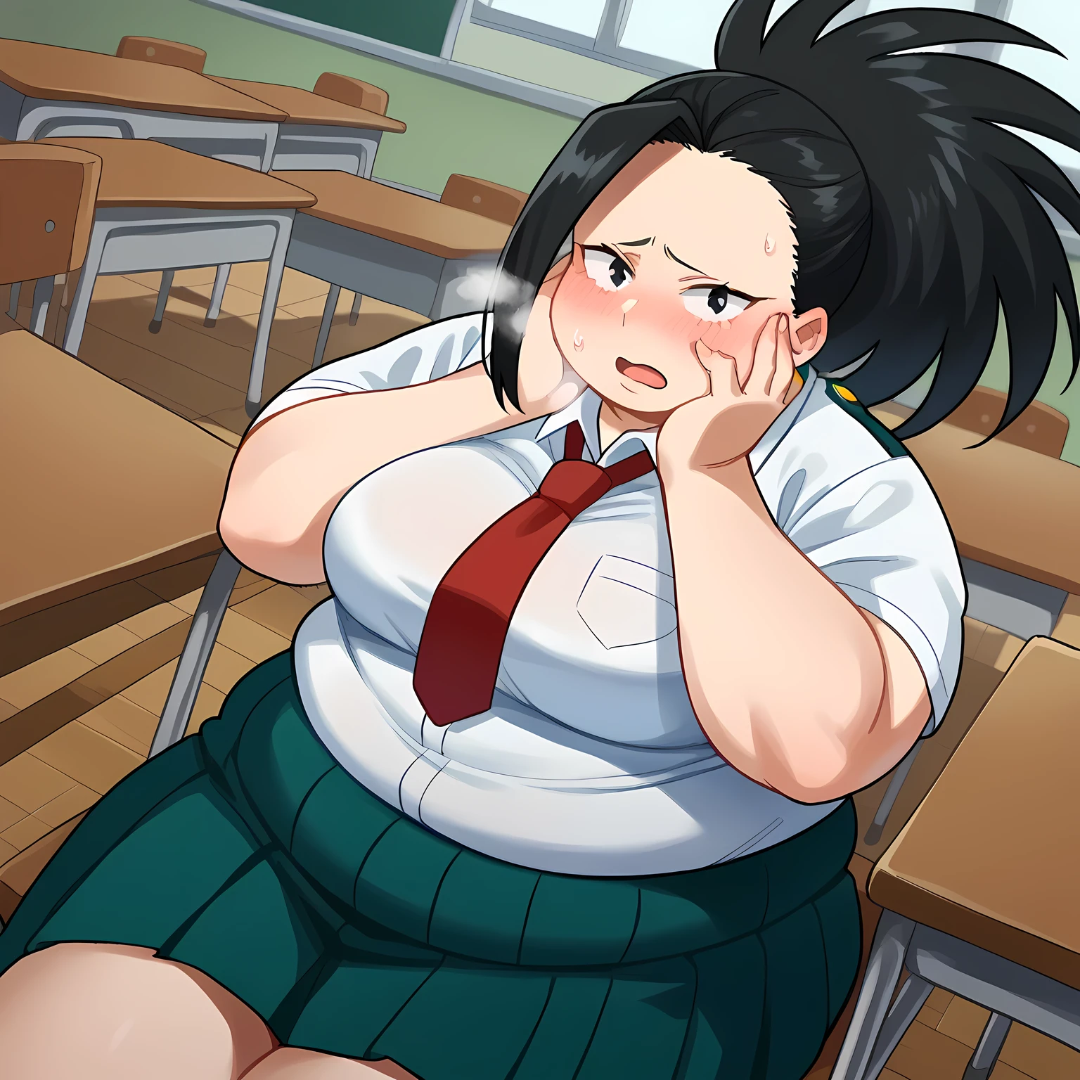 score_9, score_8_up, score_7_up, source_anime, yaoyorozumomo, yaoyorozu momo, long hair, bangs, black hair, ponytail, black eyes, high ponytail, wide ponytail, skirt, shirt, school uniform, white shirt, short sleeves, pleated skirt, necktie, collared shirt, red necktie, green skirt, u.a. school uniform, indoors, classroom, sitting, desk, chair, looking at viewer, cowboy shot, dutch angle, swollen face, fat, chubby, obese, open mouth, out of breath, absurdres, highres icon, rating:General, confused, blush, {flustered}, nervous sweating, portrait, pov hands, hand on another's cheek, averting eyes, [looking away], straight-on, from above,  upper body, masterpiece, best quality, ultra-detailed, high resolution, 8K, 