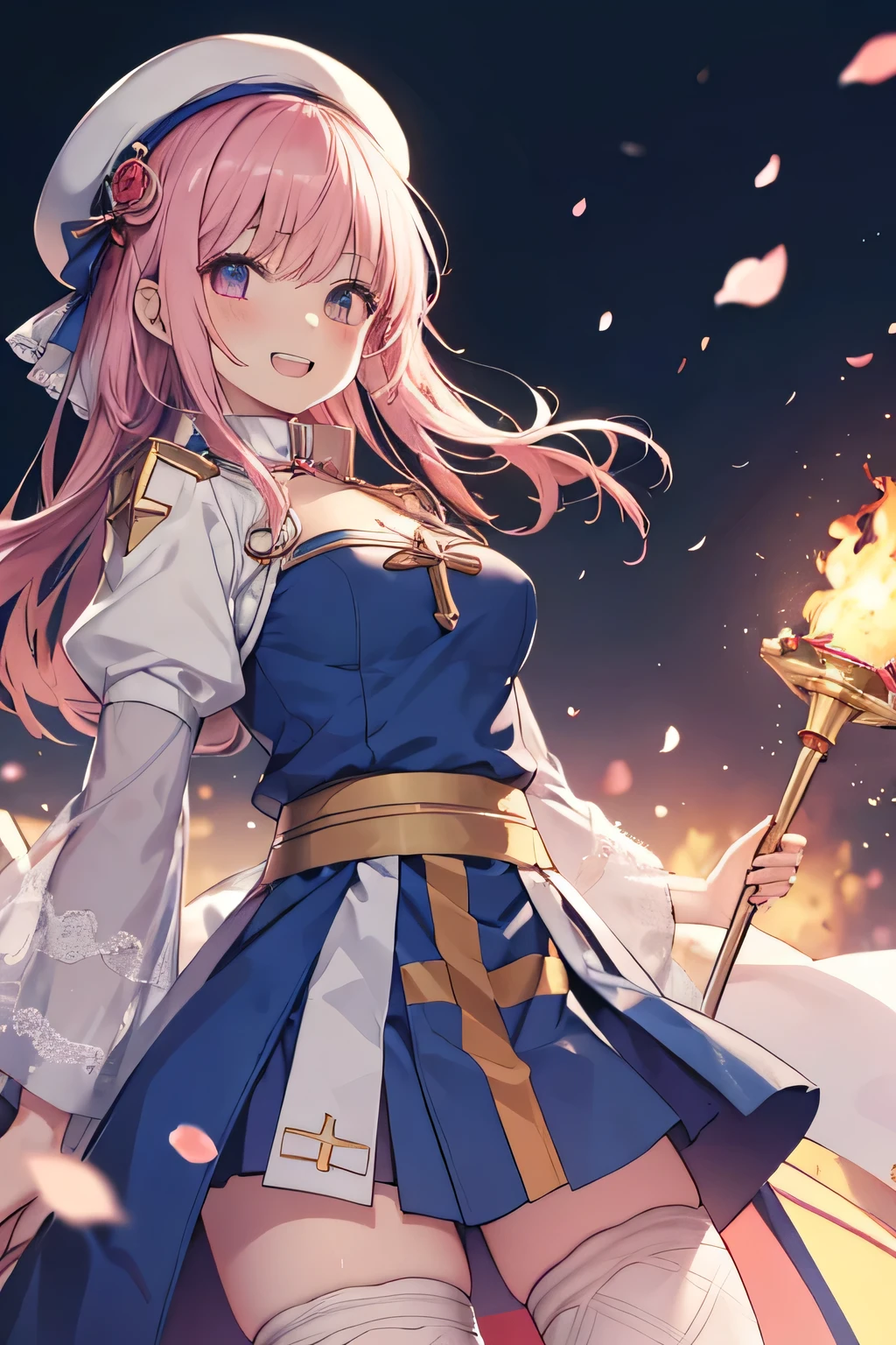 happy girl ( showing teeth), standing, combat pose,  pink hair color,  mmorpg background ,  mmorpg background (A stranger), complete anatomy,   graphic effects ,  ornament of a flower-shaped accessory on the head, aura, white beret, scepter, height 159 cm  ( 5 feet 3 inches ),  summoning circle, Castea ability Heal ( ragnarok online ), Blue Fire Force +vapor,  fire around, strong breeze ,  sakura petals and leaves, primera persona, blush,  looking at the spectator , Charm, Pausa de toque ciego  looking at the spectator ,  anime style very detailed face, 8K, light and shadow effect.  masterpiece.