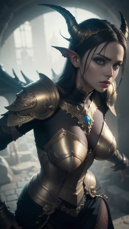 1 female, gigantic breasts, beautiful face, looking at viewer, high quality , high definition, detailed, night, bedroom, volumetric lighting, fantasy armor with cleavage