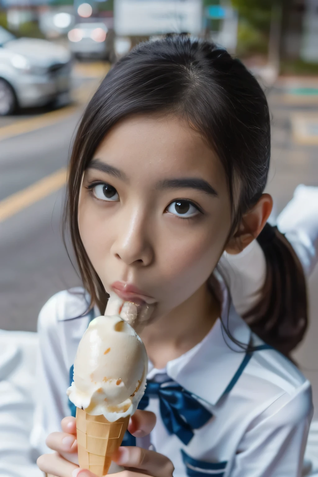 masterpiece, best quality, intricate details, extremely detailed, cinematic lighting, solo, 1girl, a 16yo Japanese schoolgirl,  (oral, blowjob, deepthroat, eating a huge ice cream in hand, shovel a big sausage into mouth, fully open mouth:1.4), (large breasts, ), dark hair, twintail hair, cute face, extremely detailed face, beautiful detailed eyes, sophisticated nose, pale skin, fine-textured skin, sweaty, shiny skin, photo background, at bed, school uniform, school uniform, japan, jav, deep throat, 