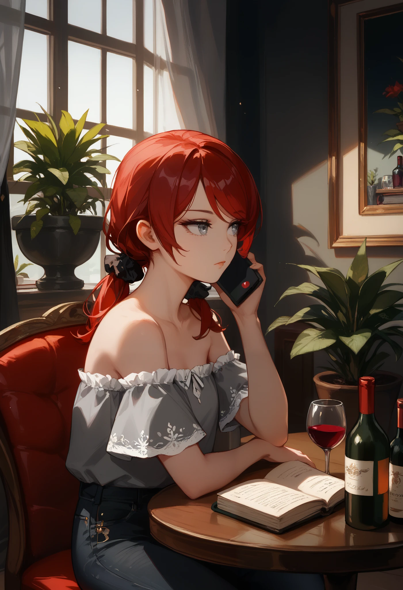 (masterpiece, best quality), 1 expressionless girl, looking to the side, thin, talking on phone, beautiful face,  ((Gray eyes, dark red hair, swept bangs, low twin tails)), hair scrunchie, ((strapless gray shirt, shirt with white trim, black jeans)), small breasts, slightly toned arms, potted plants, chair, table, book, wine bottle, 