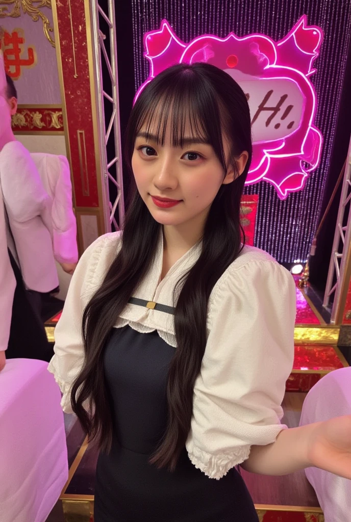 (  masterpiece on penis ,  top quality),  1 girl , Alone, View Audience,  Young Japanese Women ,  beautiful woman,  cute face like an idol ,  Big Eyes with Double Eyelids , Shiny black hair, bangs,  medium straight hair ,   she is standing with Nogizaka in a cute pose , smile,
 has a pink neon sign  "Let's H !" 
 upper body,Luxury hotel bedroom, backlight,  Thin Waist, Plump Round Chest ,