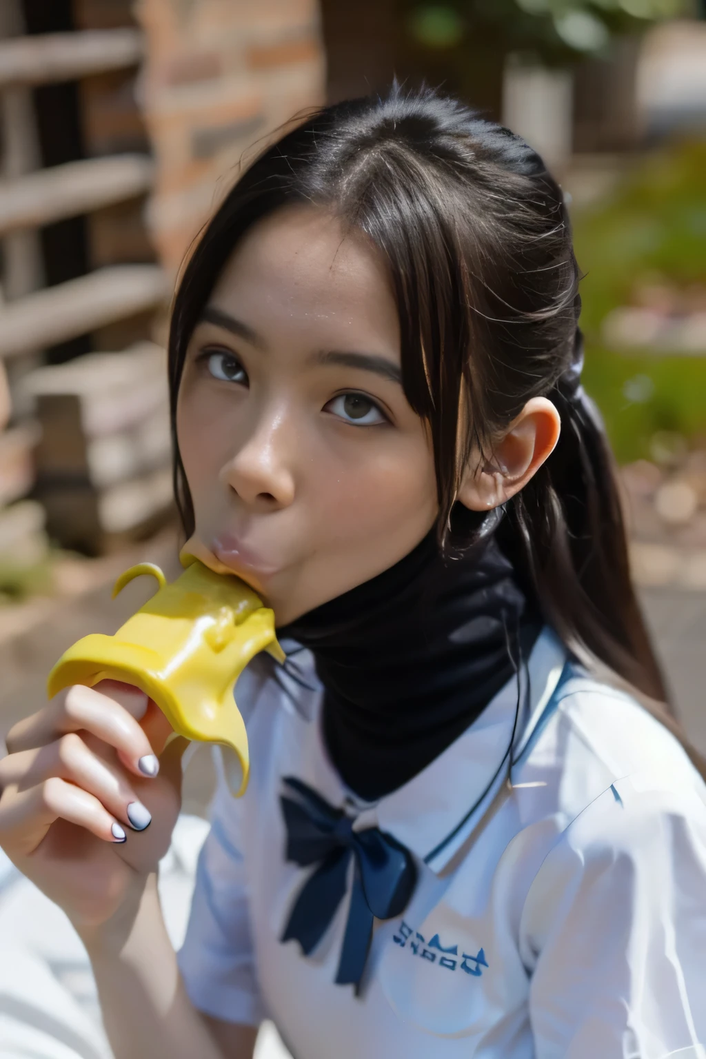 masterpiece, best quality, intricate details, extremely detailed, cinematic lighting, solo, 1girl, a  Japanese schoolgirl,  (oral, blowjob, deepthroat, eating a huge ice cream in hand, shovel a big sausage into mouth, fully open mouth:1.4), (large breasts, ), dark hair, twintail hair, cute face, extremely detailed face, beautiful detailed eyes, sophisticated nose, pale skin, fine-textured skin, sweaty, shiny skin, photo background, at bed, school uniform, school uniform, japan, jav, deep throat, 