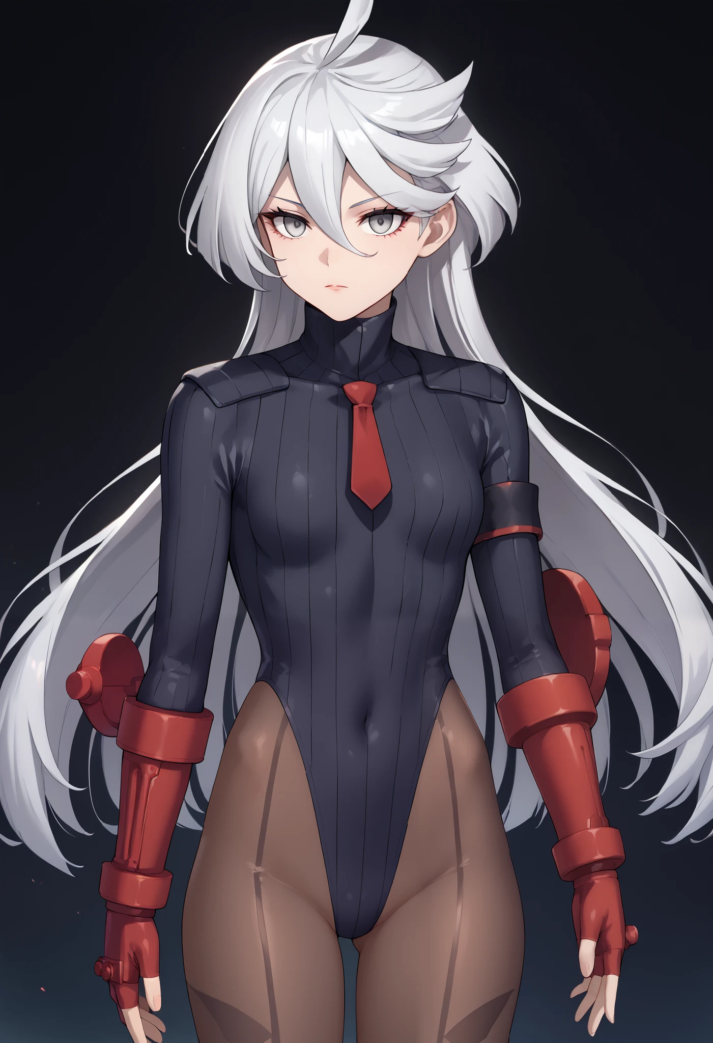 score_9, score_8_up, score_7_up, score_6_up, source_anime, 1 girl, miorine rembran, ahoge, grey eyes, detailed eyes,grey hair, hair between eyes, long hair, swept bangs, dark dollsuit, pantyhose,(seamed legwear), front view,cowboy shot, looking at viewer, defending herself with a long stick,fighting instance,expressionless,void eyes,simple background