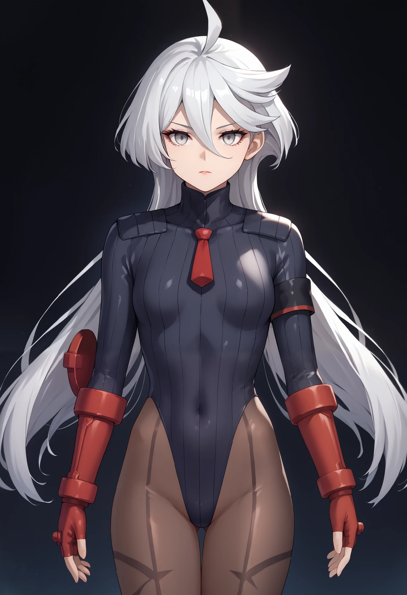 score_9, score_8_up, score_7_up, score_6_up, source_anime, 1 girl, miorine rembran, ahoge, grey eyes, detailed eyes,grey hair, hair between eyes, long hair, swept bangs, dark dollsuit, pantyhose,(seamed legwear), front view,cowboy shot, looking at viewer, fighting instance,raised fist,punch,expressionless,void eyes,simple background