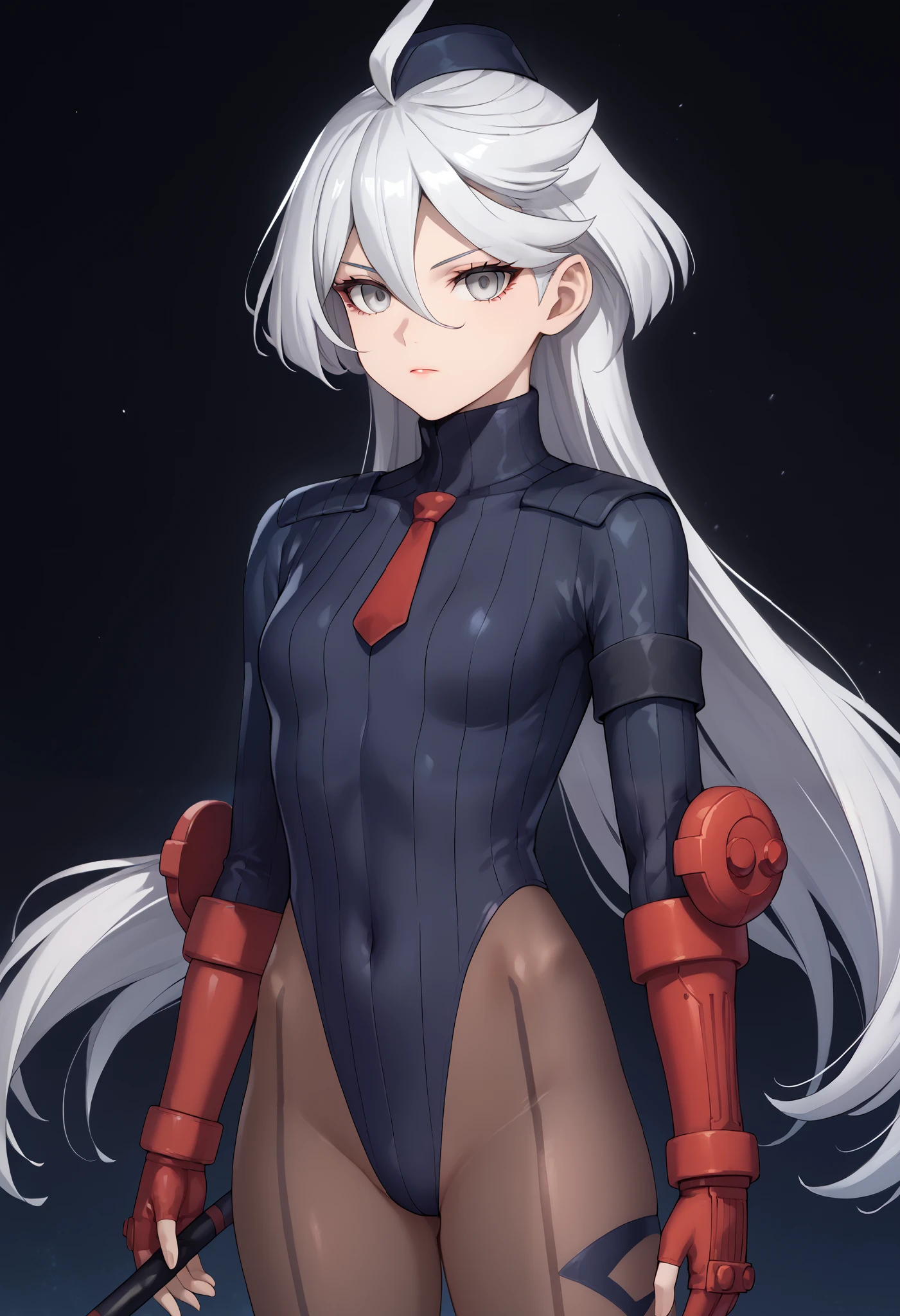 score_9, score_8_up, score_7_up, score_6_up, source_anime, 1 girl, miorine rembran, ahoge, grey eyes, detailed eyes,grey hair, hair between eyes, long hair, swept bangs, dark dollsuit, pantyhose,(seamed legwear), front view,cowboy shot, looking at viewer, defending herself with a long stick,fighting instance,expressionless,void eyes,simple background