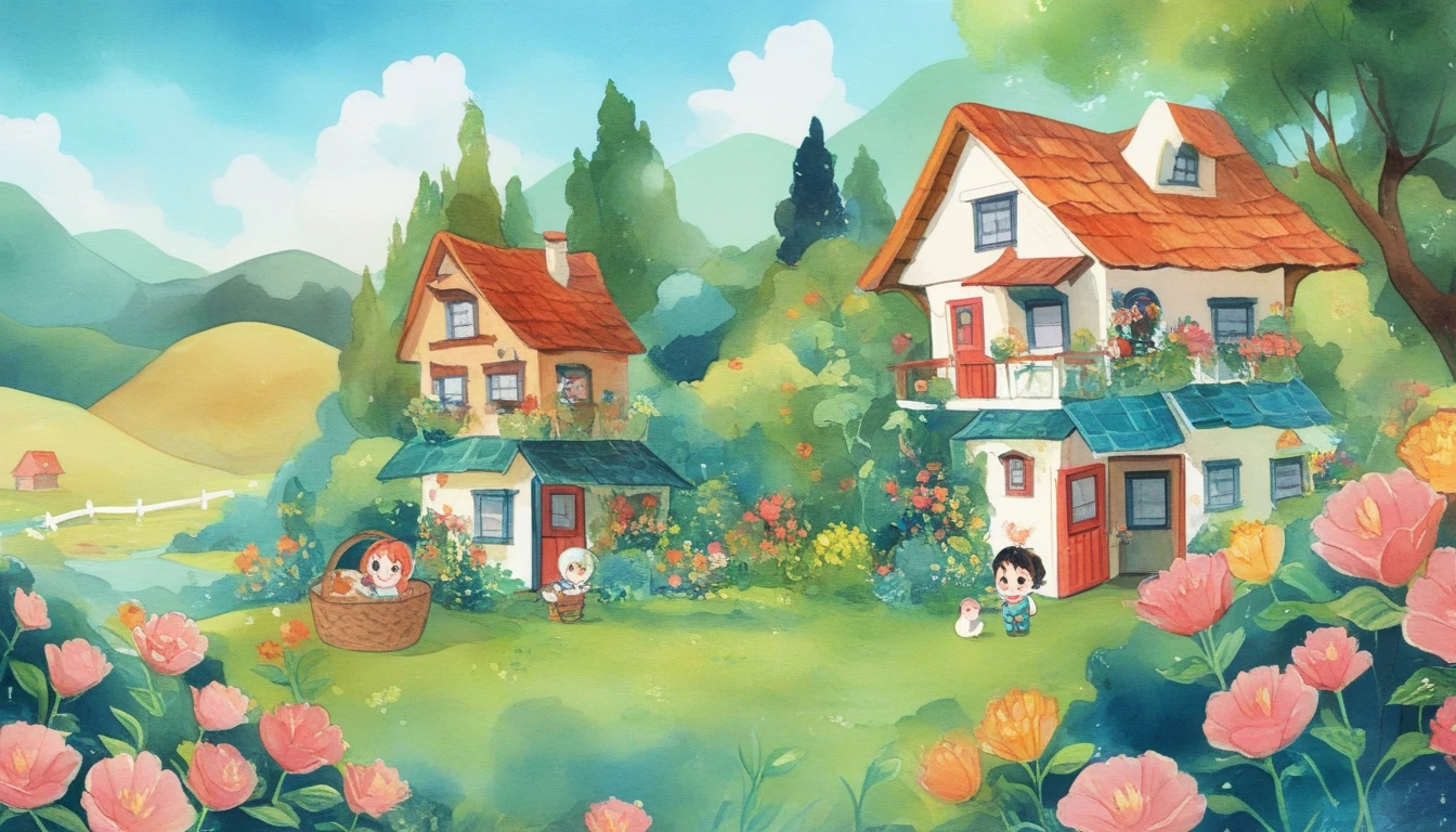 (( top quality)), ((masterpiece)), ( Details), (watercolor),  The protagonist is 1  , Chibi,  yellow and pink gradient hair,  inner color ,  bob hair, Smiling Face, Pink Cheeks,  wearing oversized dresses ,  I have a picnic basket, Deep Forest,  in front of a small house in the woods ,  There are potted plants and barrels around the house , A garden with colorful flower fields ,  little birds are flying, Outdoor, A beautiful landscape with lots of greenery,  cinematic , Saturated colors, watercolor