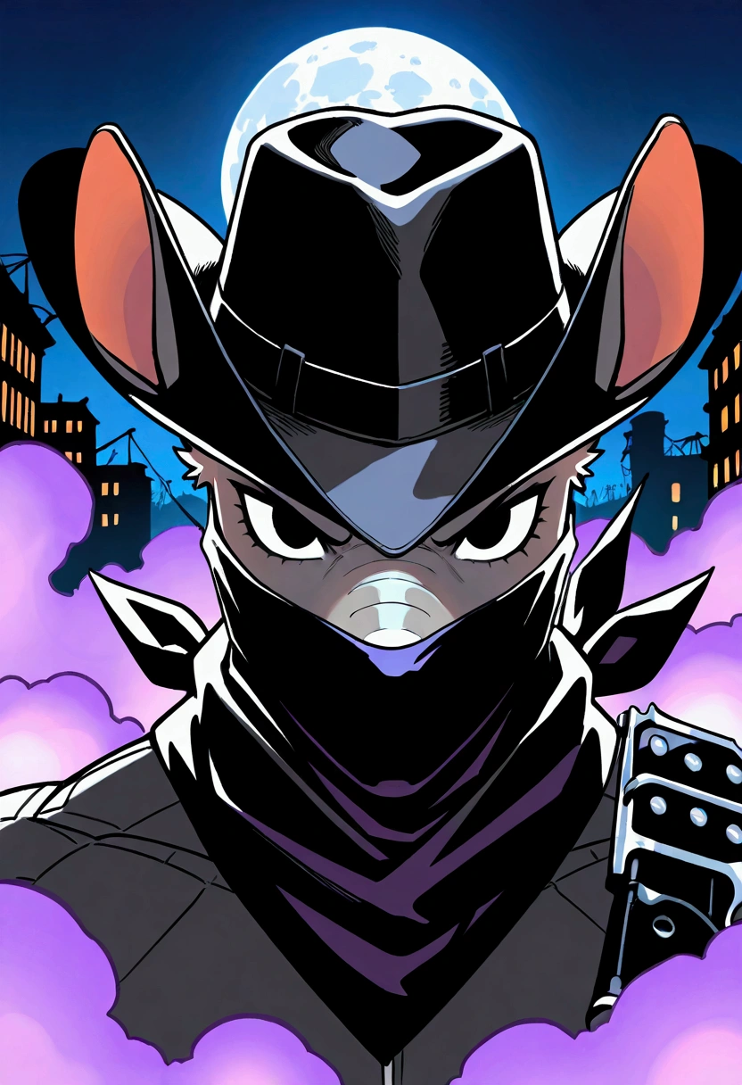 armadillo, anthro, male, solo, desperado, black cowboy hat, black clothing, black bandana over his mouth, black-eyes, dark grey skin, serious face, intimidate, revolver belt, (masterpiece), best quality, high res, 4k, 8k, Detailed Illustration, intricate detail, cinematic lighting, amazing quality, amazing shading, soft lighting, post-apocalypse, crumblinh medieval city on background, late night, moon, purple fog, close-up, half-lenght portrait,