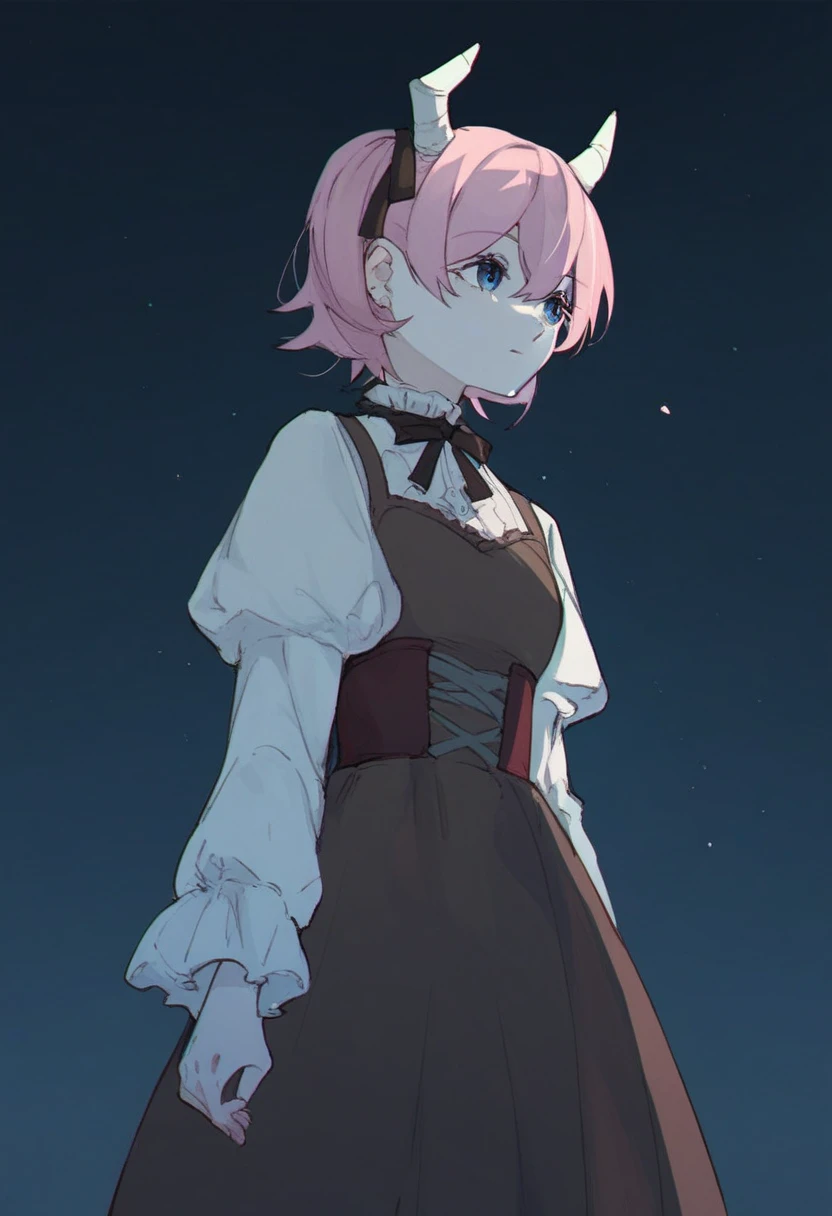 An anime art of Linie {from Frieren}, short, diminutive, pink hair, short horns, standing in her brown dress and staring emotionlessly; score_9, score_8_up, score_7_up, score_6_up