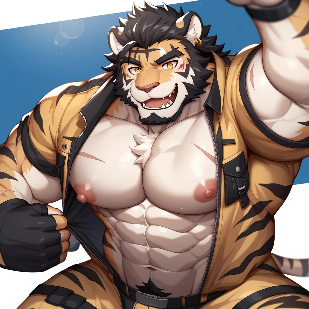 Solo, male (((white tiger, blue eyes, muscular, big pecs, abs, pink nipples, white body, white fur, black hair, teeth, tail, thick thighs, black thong, penis outline, huge bulge))) standing, flexing, smirking, detailed bulge, by darkgem, by mystikfox61, by glitter trap boy