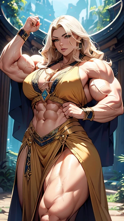 muscular massive 20 yo woman, blonde woman, fantasy sorceress, (surrounded by arcane energies: 1.6), very long hair, cute lovely beautiful woman, magnificent long robes ornate, gargantuan muscles, massive muscular thighs, strong well defined muscle, massive powerful bodybuilder physique, perfect and flawless musculature, great muscle definition