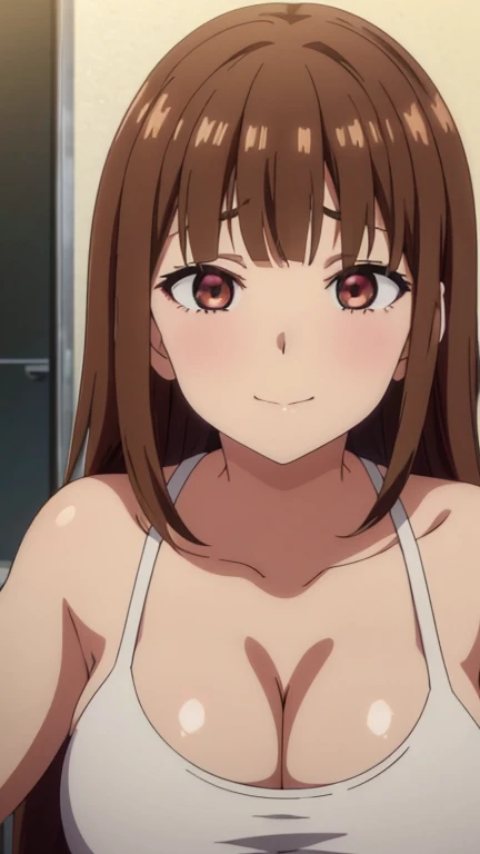 (((masterpiece))),fuyumi itadori, Anime girl characters, 1girl, solo, looking at viewer, (((very long straight hair))), (((blunt bangs))), (((brown hair))), cleavage, bigger breasts, closed mouth, collarbone, open clothes, ground vehicle, sports bra, tall girl, horny, big ass, beautiful face, Charming,  anime visual of a cute girl, screenshot from the anime film, & her expression is solemn, ahegao face, in the anime film, in an anime, anime visual of a young woman, she has a cute expressive face, still from anime, perfect breasts, she is tall, All bodies visible, ahegao face, the face is ahegao, she is horny, A perverted face, she so perverted, she smile so perverted, hd picture, 4k quality, details of the face is so good,bigger breasts, ,change her face and make her face hd and pretty😍, make her face like nakano ichika , she is masturbating