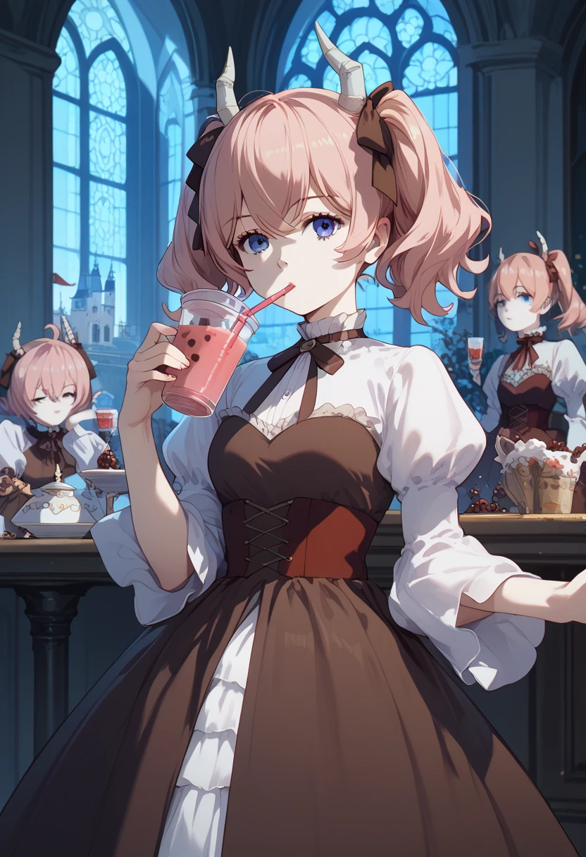 An anime art of 1girl:  Linie {from Frieren}, short, diminutive, pink hair, short horns, standing in her brown dress and staring emotionlessly; in a castle drinking tea.
