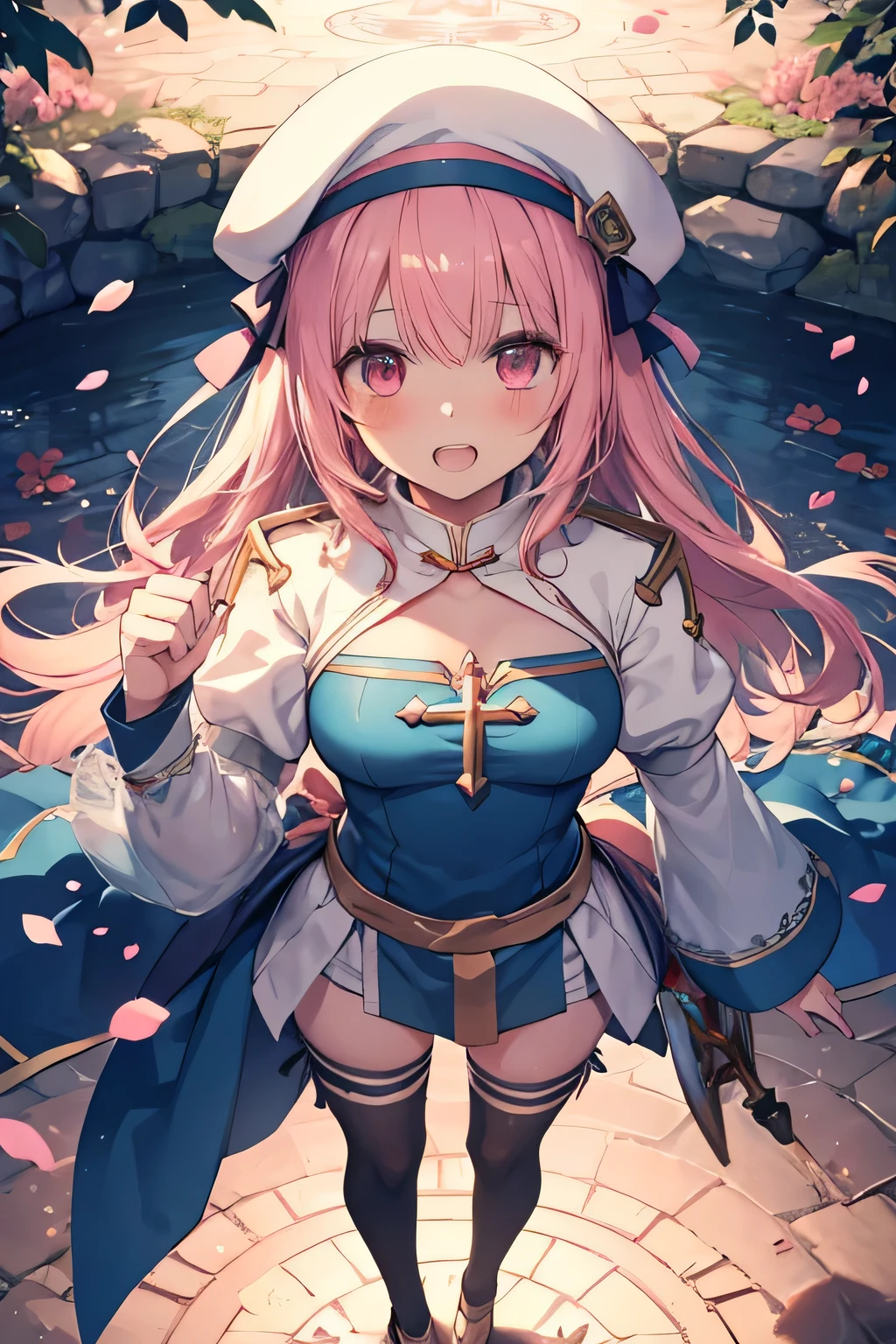 happy girl ( showing teeth), standing, combat pose,  pink hair color,  mmorpg background ,  mmorpg background (A stranger), complete anatomy,   graphic effects ,  ornament of a flower-shaped accessory on the head, aura, white beret, scepter, height 159 cm  ( 5 feet 3 inches ),  summoning circle, Castea ability Heal ( ragnarok online ), Blue Fire Force +vapor,  fire around, strong breeze ,  sakura petals and leaves, primera persona, blush,  looking at the spectator , Charm, Pausa de toque ciego  looking at the spectator ,  anime style very detailed face, 8K, light and shadow effect.  masterpiece.