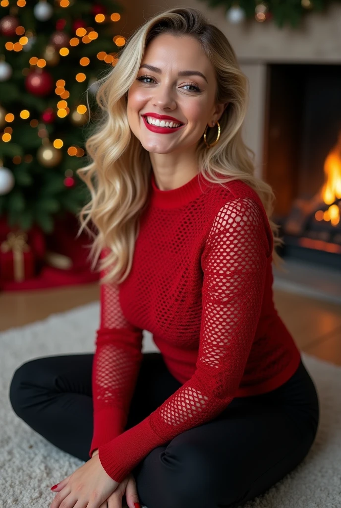 photorealistic, cinematic, raw photo, low angle shot, woman, 29 years old, blond hair, hourglass body shape, big breast ,pixie hairstyle, wearing burgundy cashemere turtlneck, black trousers, sitting near fireplace in country house, drink hot chocolate, winter, night, happy, smiling