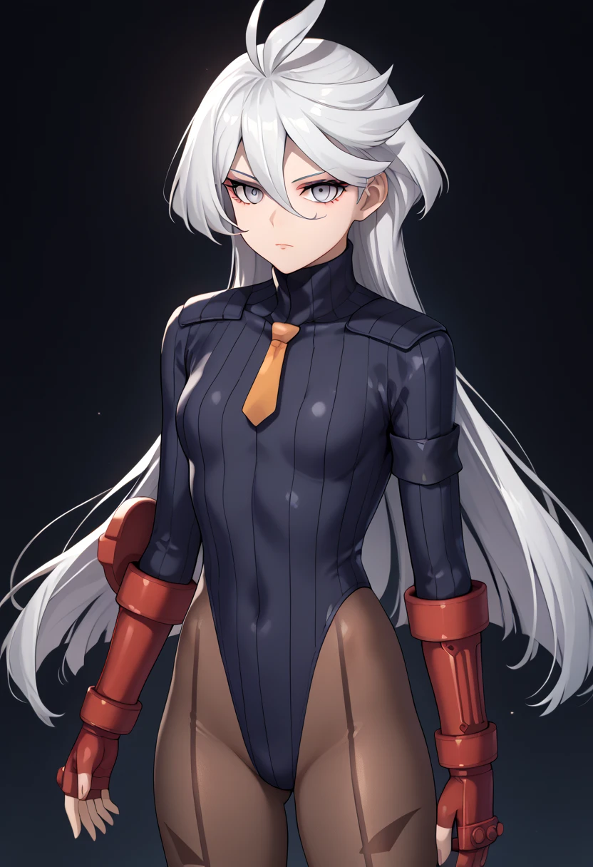 score_9, score_8_up, score_7_up, score_6_up, source_anime, 1 girl, miorine rembran, ahoge, grey eyes, detailed eyes,grey hair, hair between eyes, long hair, swept bangs, dark dollsuit, pantyhose,(seamed legwear),cowboy shot, looking at viewer, (holding whip),raised hands,expressionless,void eyes,simple background