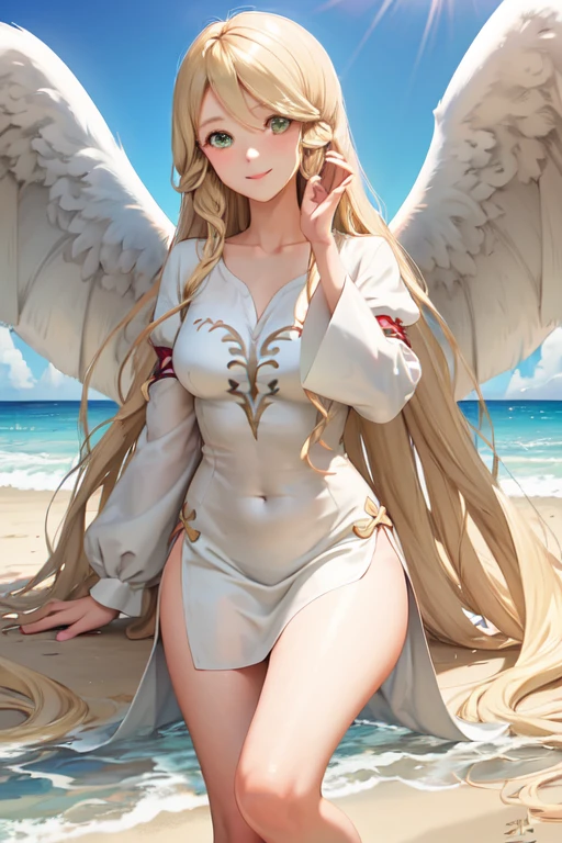 masterpiece, best quality, leanne, two wings, blonde hair, smile, looking at viewer, beach, long white shirt, sensual pose