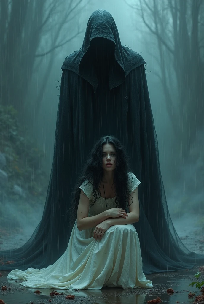 Dans une foret où il pleut, Une femme aux vraiment très longs cheveux noirs et la peau blanche, elle est déterminée. Devant elle, se tient de dos un enfant garçon, aux cheveux roux bouclés et la peau blanche. En arrière plant ce tien deux silhouettes.