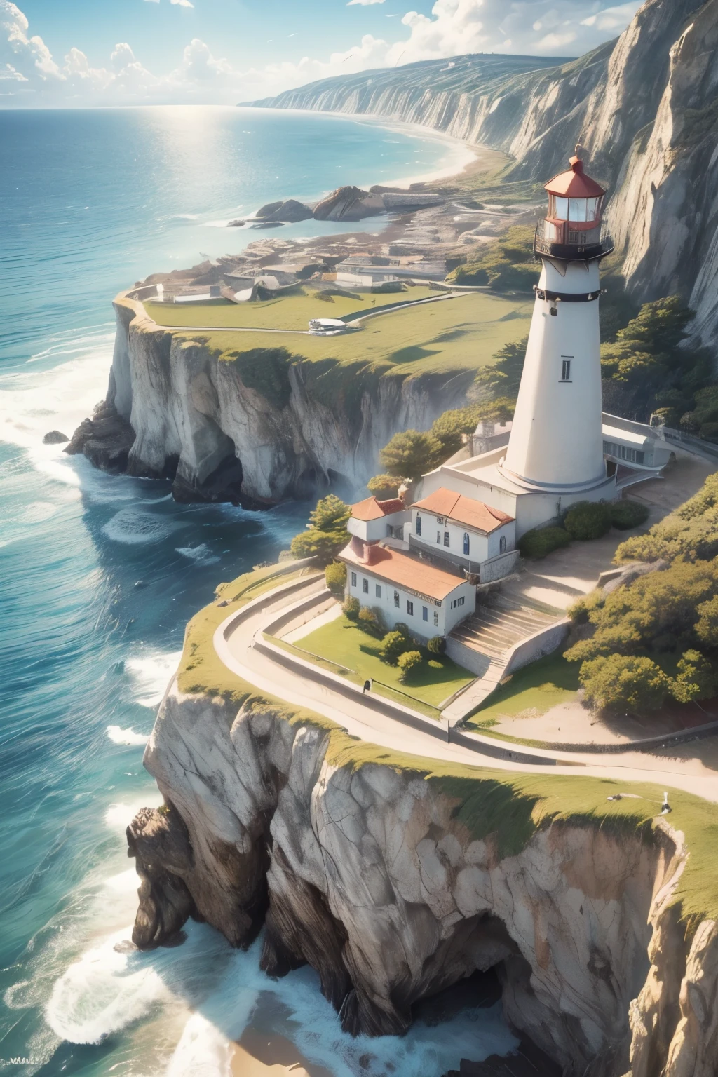 a beautiful lighthouse on a rocky cliff overlooking the ocean, dramatic waves crashing against the rocks, clear blue sky with fluffy clouds, golden afternoon sunlight, seagulls flying overhead, a peaceful seaside landscape, detailed realistic 4k, photorealistic, highly detailed, intricate, cinematic lighting, vibrant colors, (best quality,4k,8k,highres,masterpiece:1.2),ultra-detailed,(realistic,photorealistic,photo-realistic:1.37)