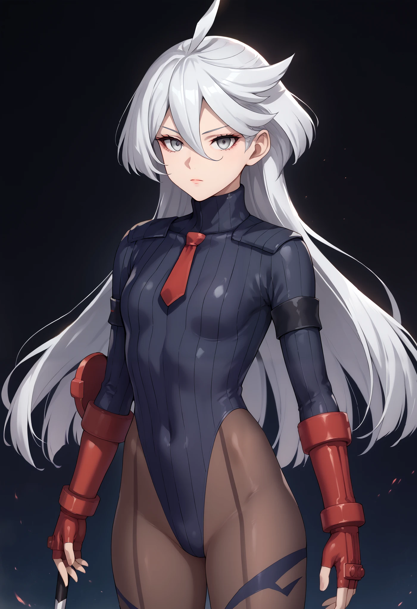 score_9, score_8_up, score_7_up, score_6_up, source_anime, 1 girl, miorine rembran, ahoge, grey eyes, detailed eyes,grey hair, hair between eyes, long hair, swept bangs, dark dollsuit, pantyhose,(seamed legwear), front view,cowboy shot, looking at viewer, a long stick in front of her,fighting instance,expressionless,void eyes,simple background