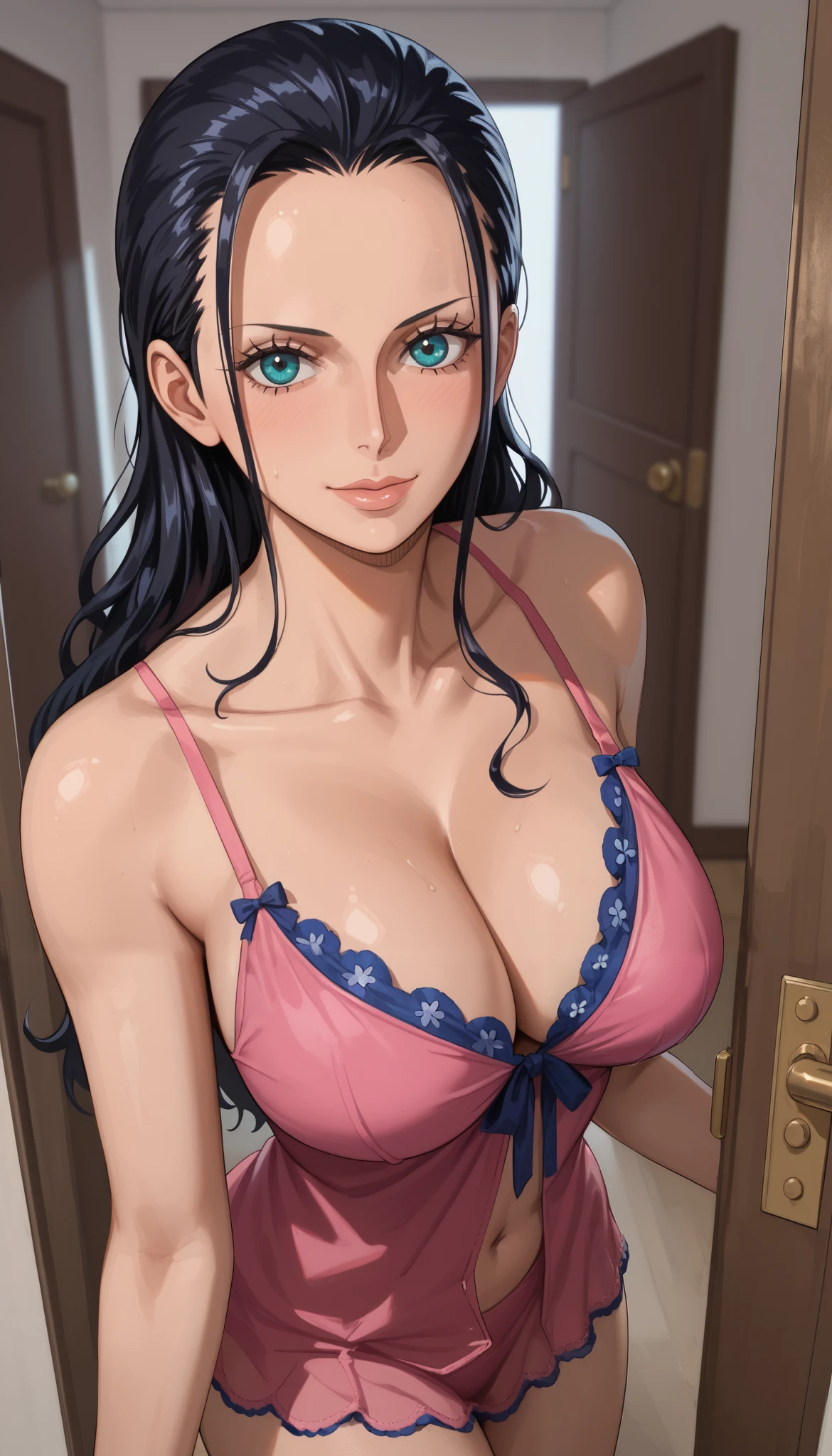 masterpiece, best quality, intricate details, 1girl, mature female, nico robin \ (one piece\), black hair, hair slicked back, wearing nightie, female focus, large breast, cleavage, wide hips, from above, looking at viewer, ((above view)) ((close up shot)) ((solo)) detailed, very high resolution, no blurry image, ((female nico robin from one piece)), standing leaning forward, open the door 