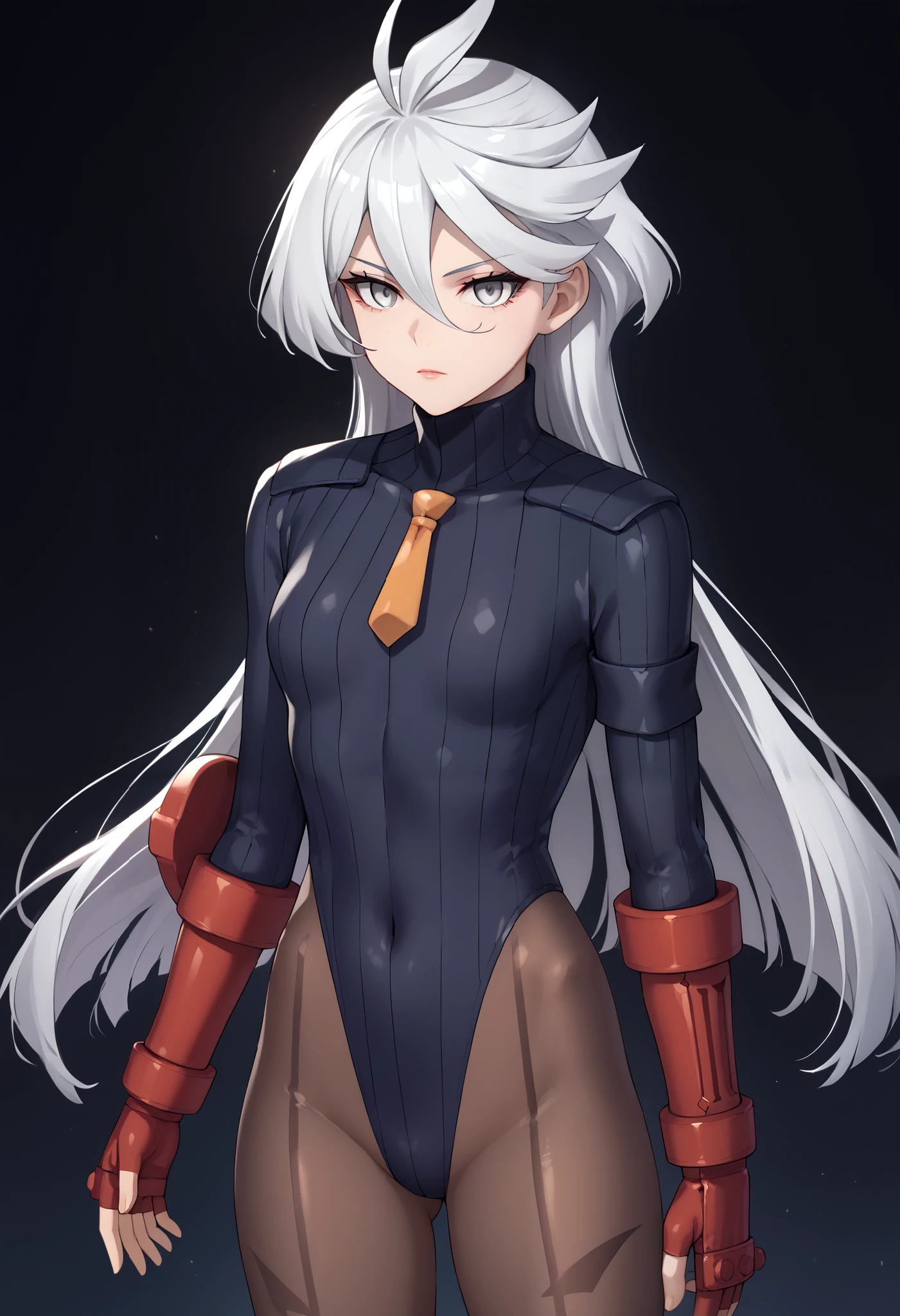 score_9, score_8_up, score_7_up, score_6_up, source_anime, 1 girl, miorine rembran, ahoge, grey eyes, detailed eyes,grey hair, hair between eyes, long hair, swept bangs, dark dollsuit, pantyhose,(seamed legwear), front view,cowboy shot, looking at viewer, a long stick in front of her,fighting instance,expressionless,void eyes,simple background