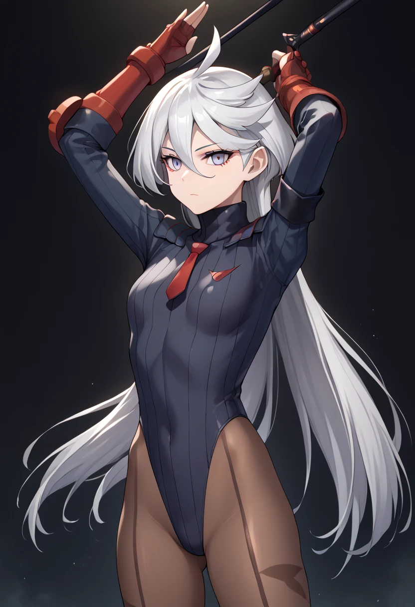 score_9, score_8_up, score_7_up, score_6_up, source_anime, 1 girl, miorine rembran, ahoge, grey eyes, detailed eyes,grey hair, hair between eyes, long hair, swept bangs, dark dollsuit, pantyhose,(seamed legwear), front view,cowboy shot, looking at viewer, defending herself with a long stick,raised arms,fighting instance,expressionless,void eyes,simple background