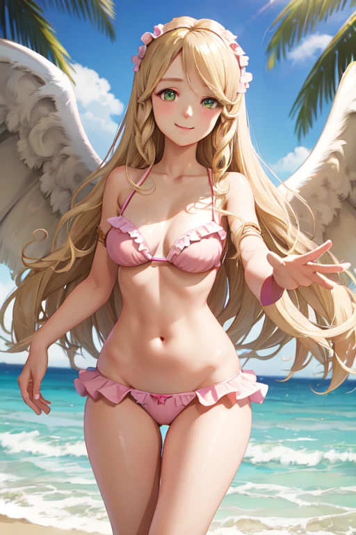 masterpiece, best quality, leanne, two wings, blonde hair, smile, looking at viewer, beach, frilly pink bikini, sensual pose