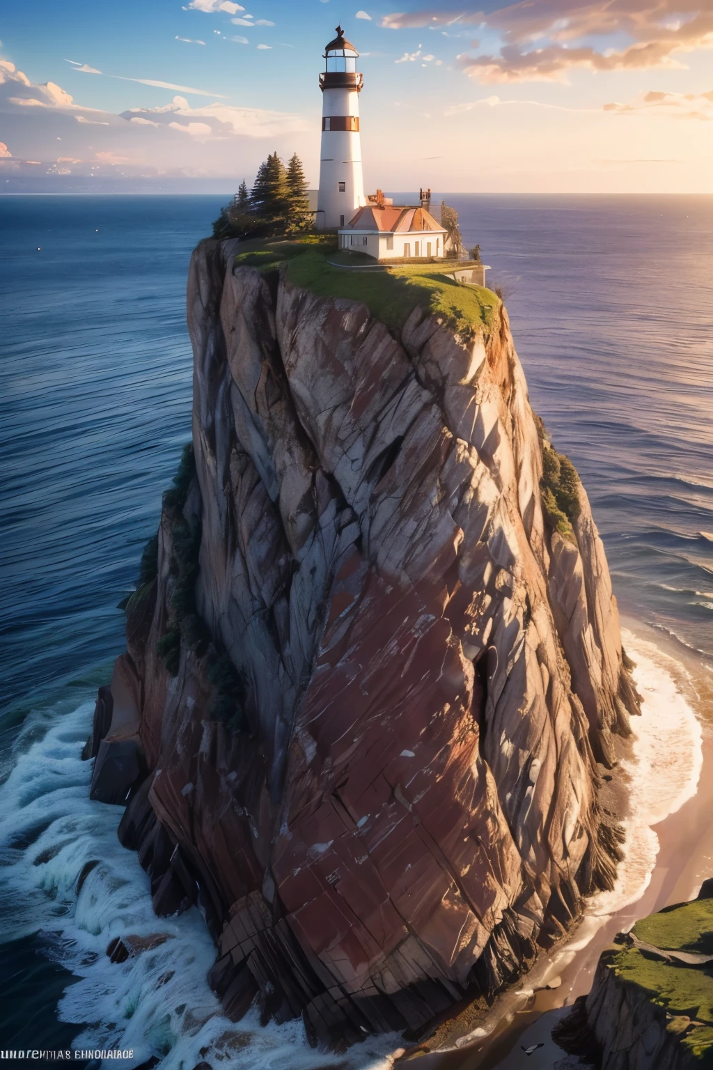 a beautiful lighthouse on a rocky cliff overlooking the ocean, dramatic waves crashing against the rocks, clear blue sky with fluffy clouds, golden afternoon sunlight, seagulls flying overhead, a peaceful seaside landscape, detailed realistic 4k, photorealistic, highly detailed, intricate, cinematic lighting, vibrant colors, (best quality,4k,8k,highres,masterpiece:1.2),ultra-detailed,(realistic,photorealistic,photo-realistic:1.37)