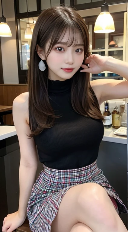 (masterpiece:1.3), (8K, realistic, Raw photo, highest quality: 1.4), (1 girl), beautiful face, (realistic face), (brown hair, you feel the skin、 short hair:1.3,With bangs), beautiful hairstyle, realistic eyes, fine and beautiful eyes, (realistic skin), beautiful skin、((navy miniskirt、off shoulder shirt、I have a black bag、beautiful necklace))、Breast flick、((medium breasts))、(in a crowded train)、From the side、full body、(look away)、I can see the whole body、(Are standing)、crossed arms、((chest hold))、18 year old beautiful girl、beautiful clavicle