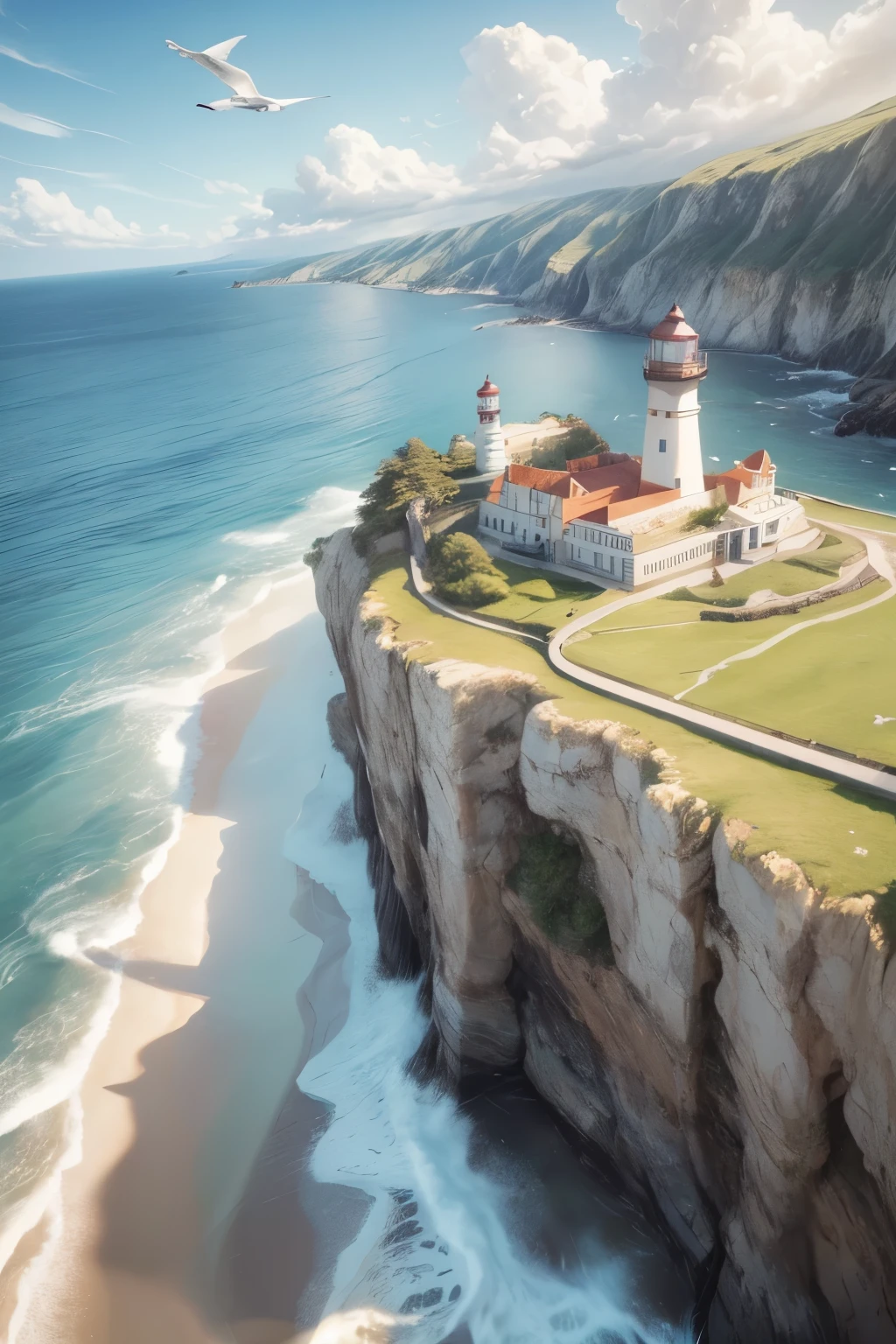 a beautiful lighthouse on a rocky cliff overlooking the ocean, dramatic waves crashing against the rocks, clear blue sky with fluffy clouds, golden afternoon sunlight, seagulls flying overhead, a peaceful seaside landscape, detailed realistic 4k, photorealistic, highly detailed, intricate, cinematic lighting, vibrant colors, (best quality,4k,8k,highres,masterpiece:1.2),ultra-detailed,(realistic,photorealistic,photo-realistic:1.37)